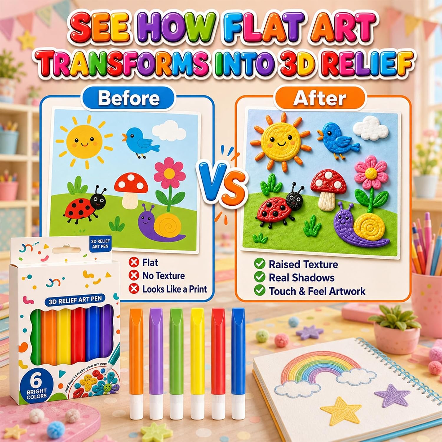 Magic Popcorn Pen,3D Relief Art Pen,Popcorn Pens Puffy,Bubble Popcorn Drawing Pens,3D Puffy Embellish Decorate Graffiti Stationery for Greeting Birthday & Christmas Cards，6PCS image 2