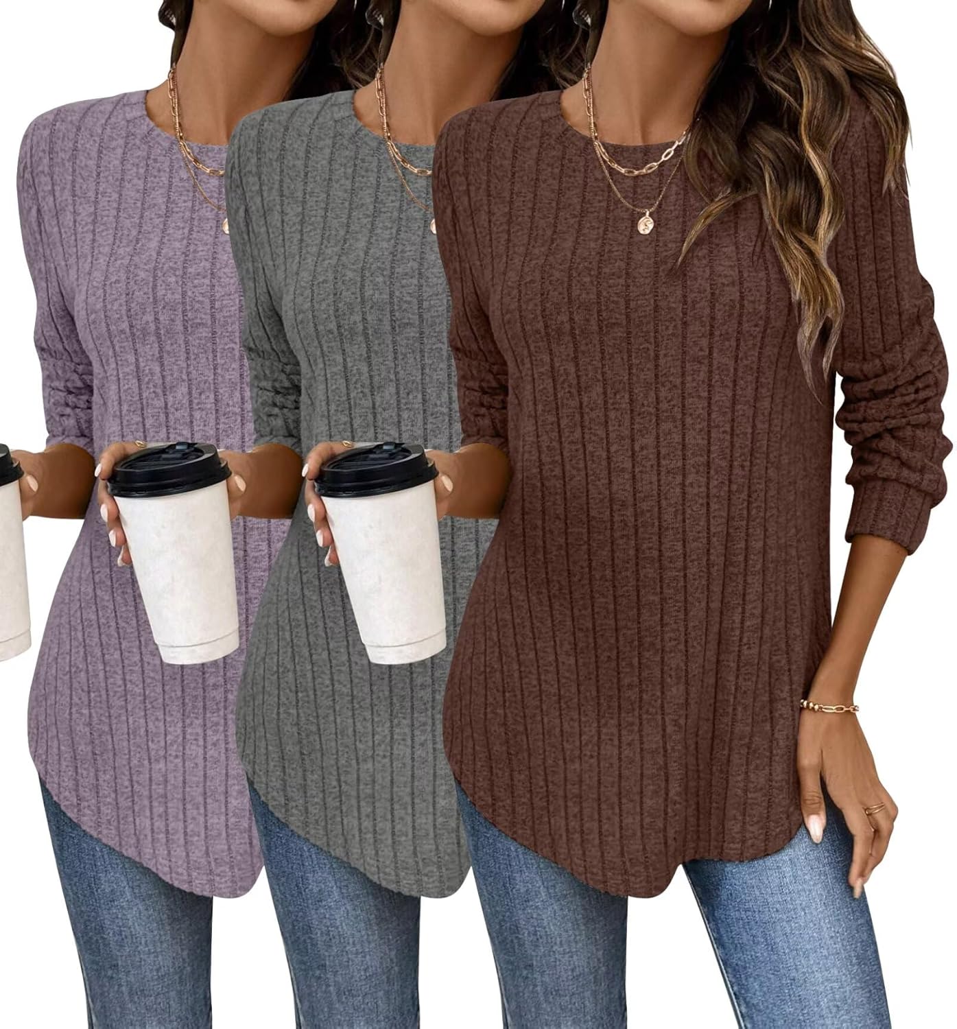 Bliwov 3 Pack Womens Curved Hem Long Sleeve Fall Sweaters Crew Neck Side Split Tunic Tops Loose Fit Shirts Outfits Clothes Bliwov 3 Pack Womens Curved Hem Long Sleeve Fall Sweaters Crew Neck Side Split Tunic Tops Loose Fit Shirts Outfits Clothes