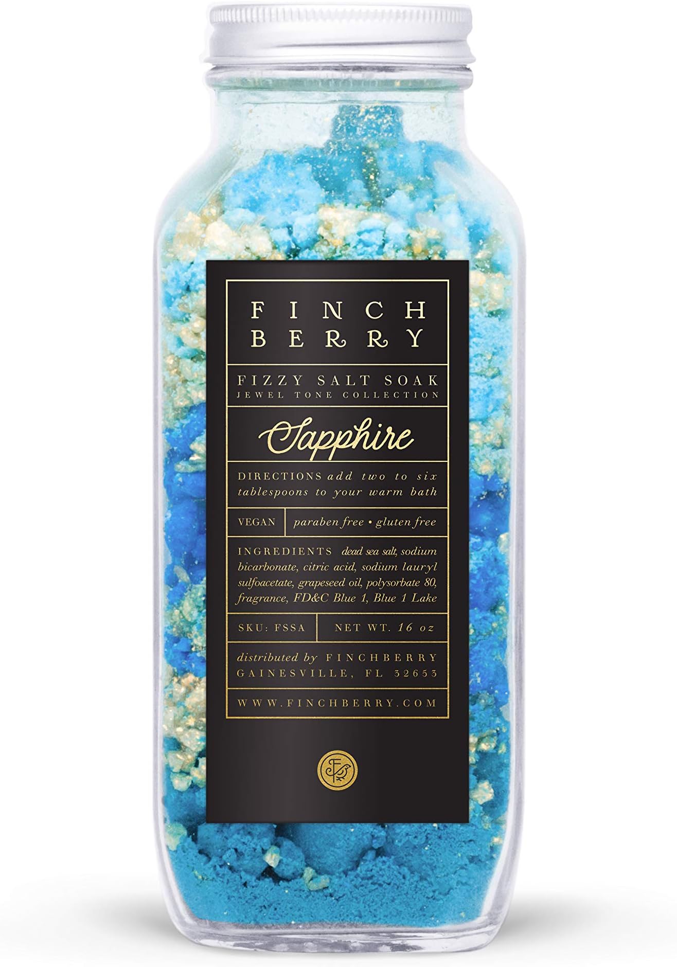 FinchBerryFizzy Bath Salt Soak (Sapphire), Dead Sea Salts with Bath Bomb Effect for Relaxation and to Ease Sore Muscles, Luxury Spa Aromatherapy Soak, 16 oz