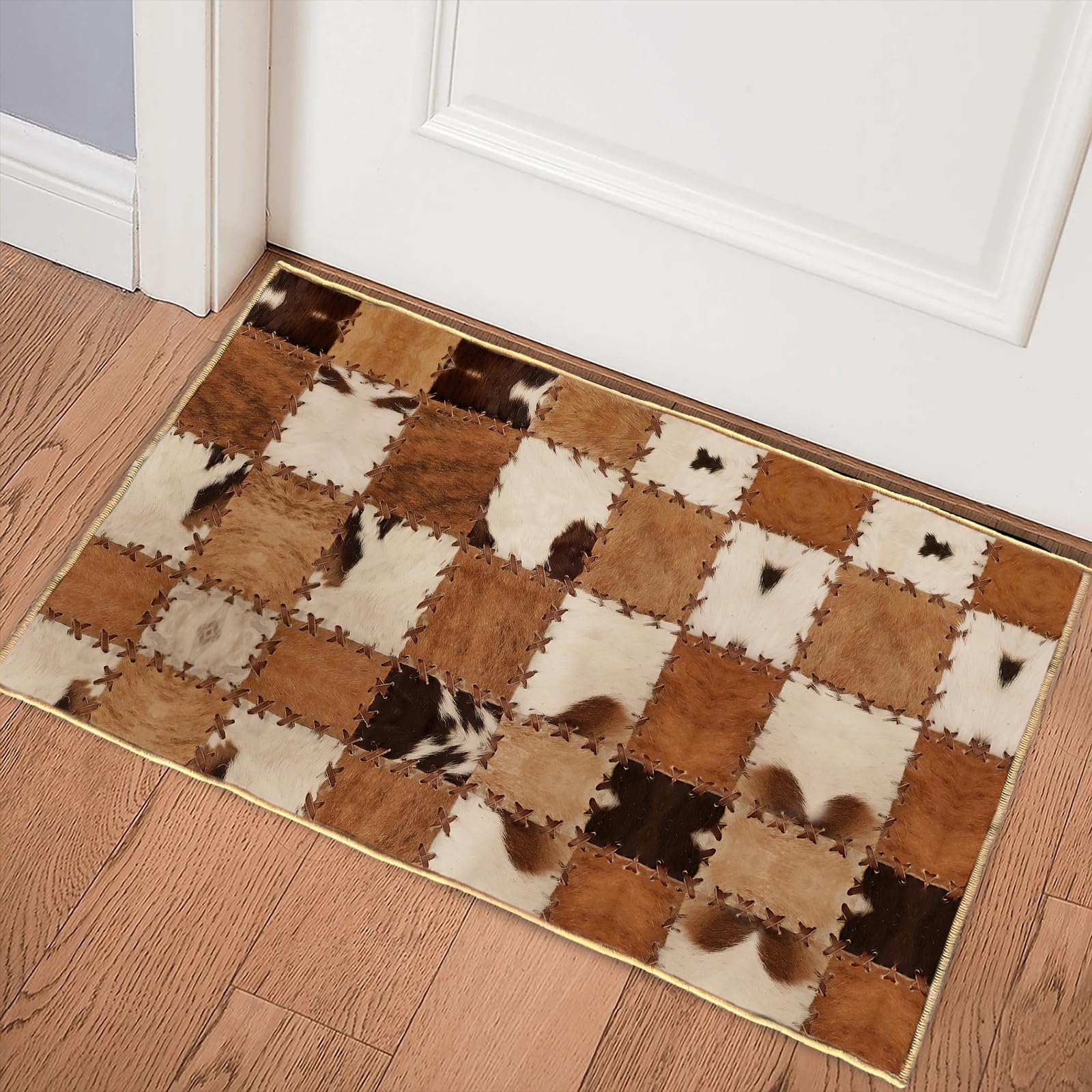 Cowhide Rug Bath Mats,Western Bathroom Rugs Cow Print Brown Vintage Throw Rug Non-Slip Floor Carpet Entryway Doormat Indoor Door Mats Washable Area