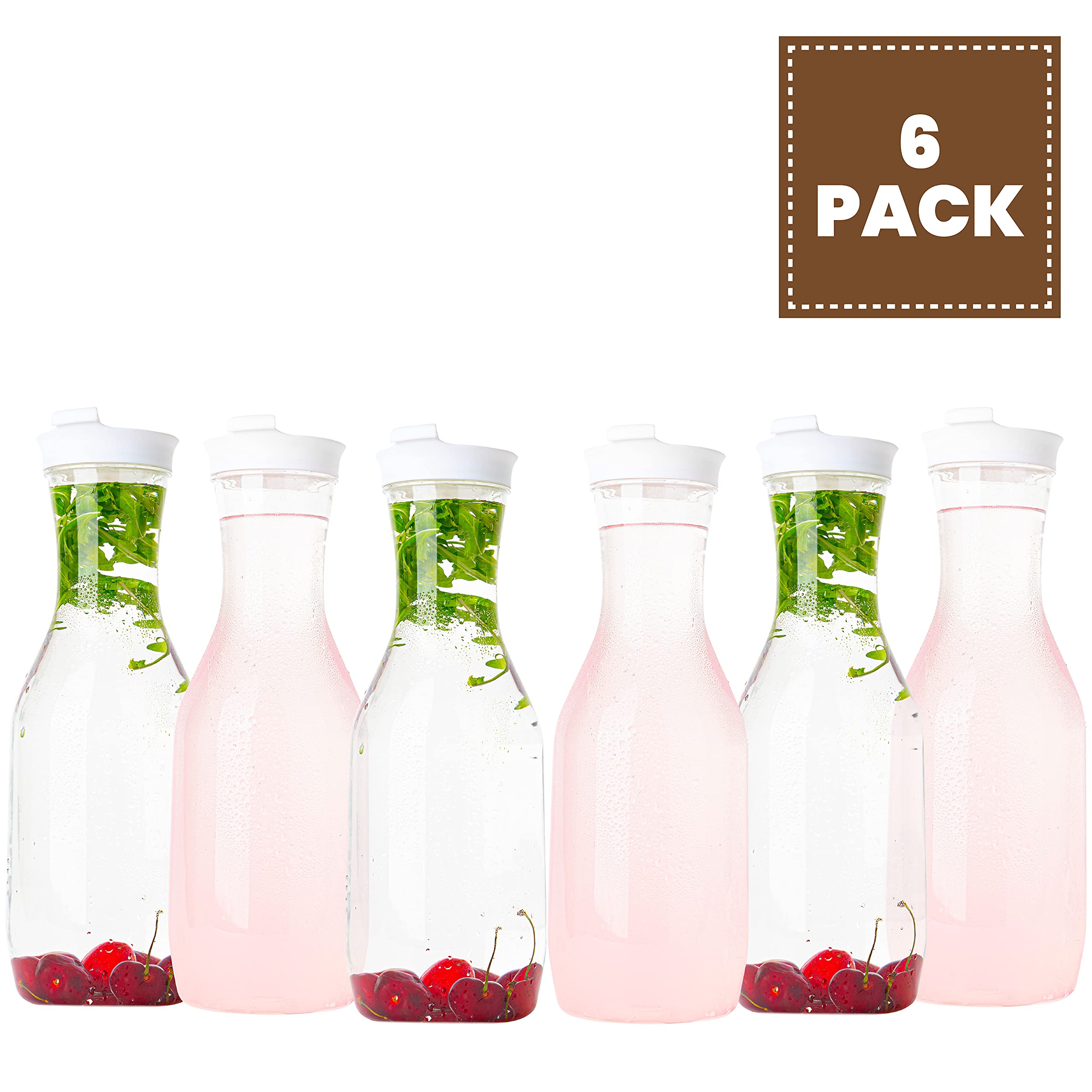Jarra de agua de plástico transparente con tapa abatible, 55 onzas, jarra de bebidas resistente para jugo o café helado, ideal para bar Mimosa, restaurantes y escuelas, paquete de 6