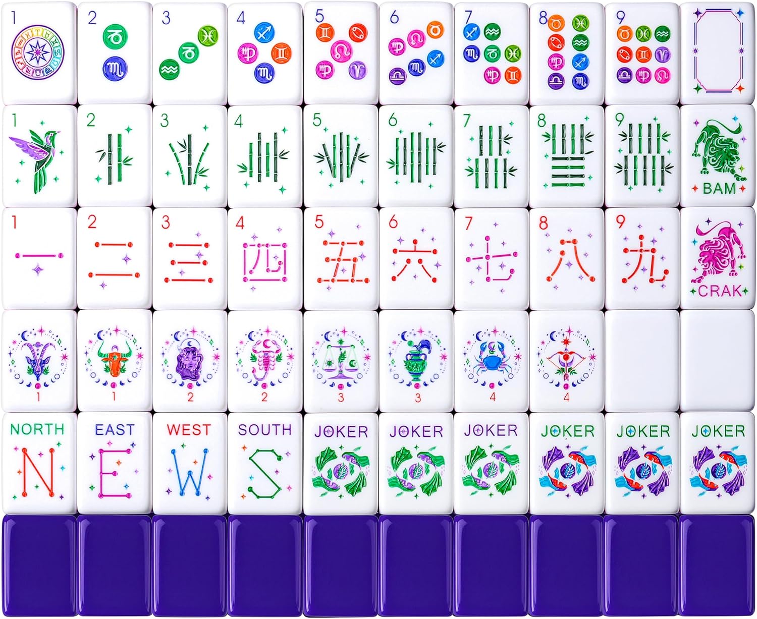 American Mahjong Tile Set – 160 Acrylic Tiles with 4 All-in-One Mahjong Tile Racks & Pushers, 12 Zodiac Designs, 4-Layer Colors, 100 Chips, 3 Golden Dice, Vintage Leather Portable Case