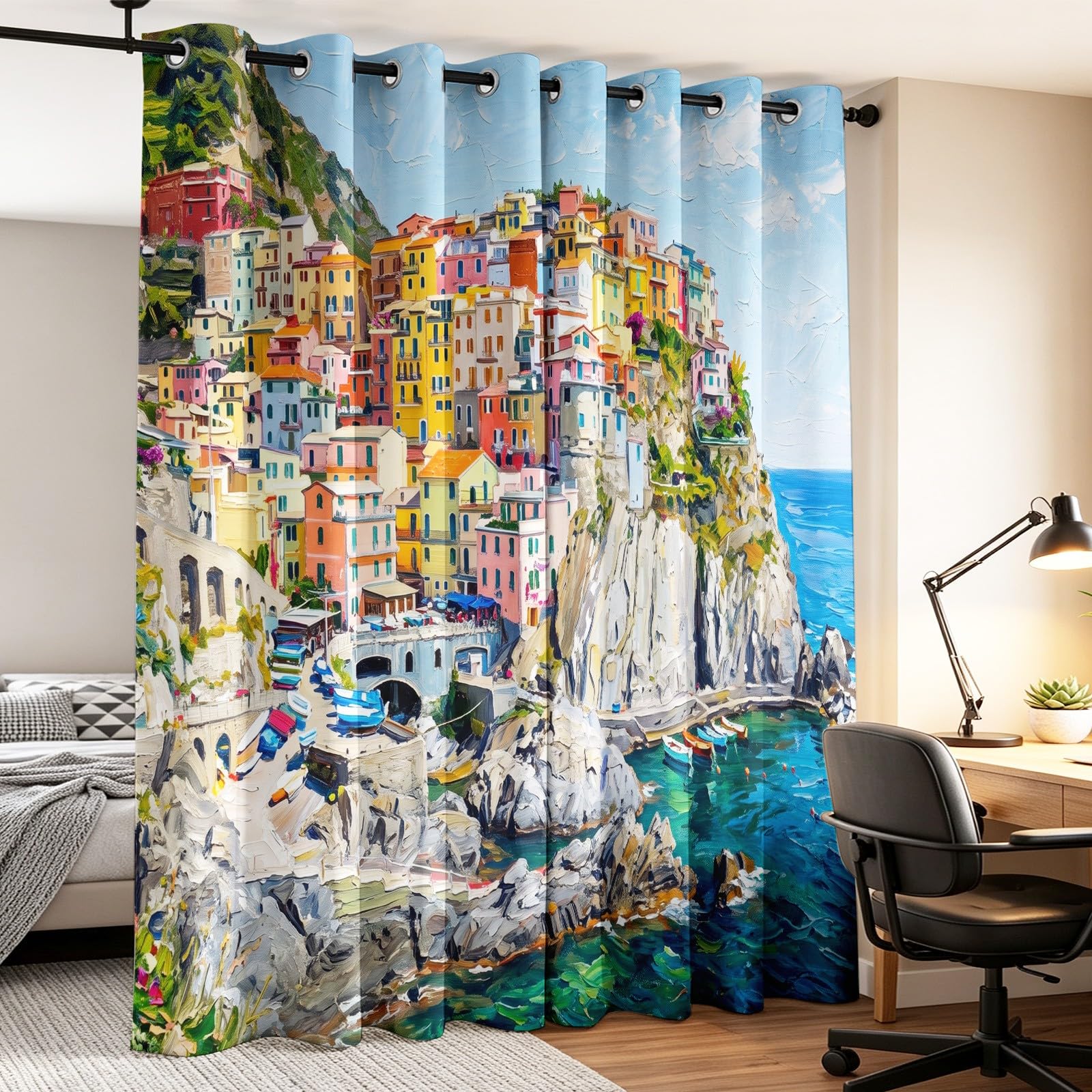 Generisch Tende oscuranti a olio mediterraneo, stile costiero, termiche, protezione dal calore, oscuranti, 132 x 160 cm (larghezza x altezza), per soggiorno