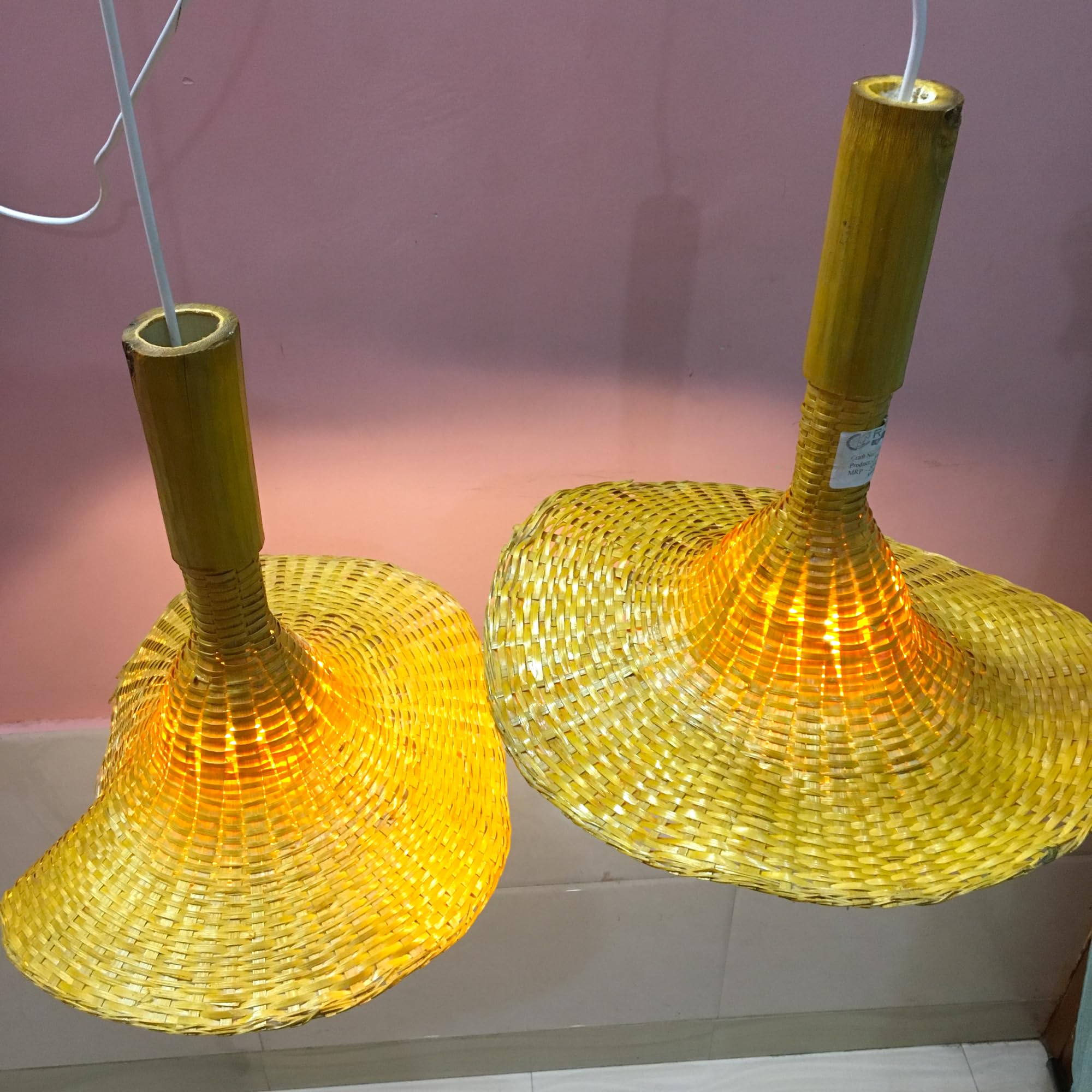 Bamboo Lamp Shade | Pendant Lamp | Boho Lamp Shade | Cane Lampshade | Rattan Lamp Shade | Hanging Light for Home Office/Living Room/Hotel/Cafe/Restaurant | Color-Beige/Size-35x40 Cm,Pack of- 2 - Image 6 thumbnail