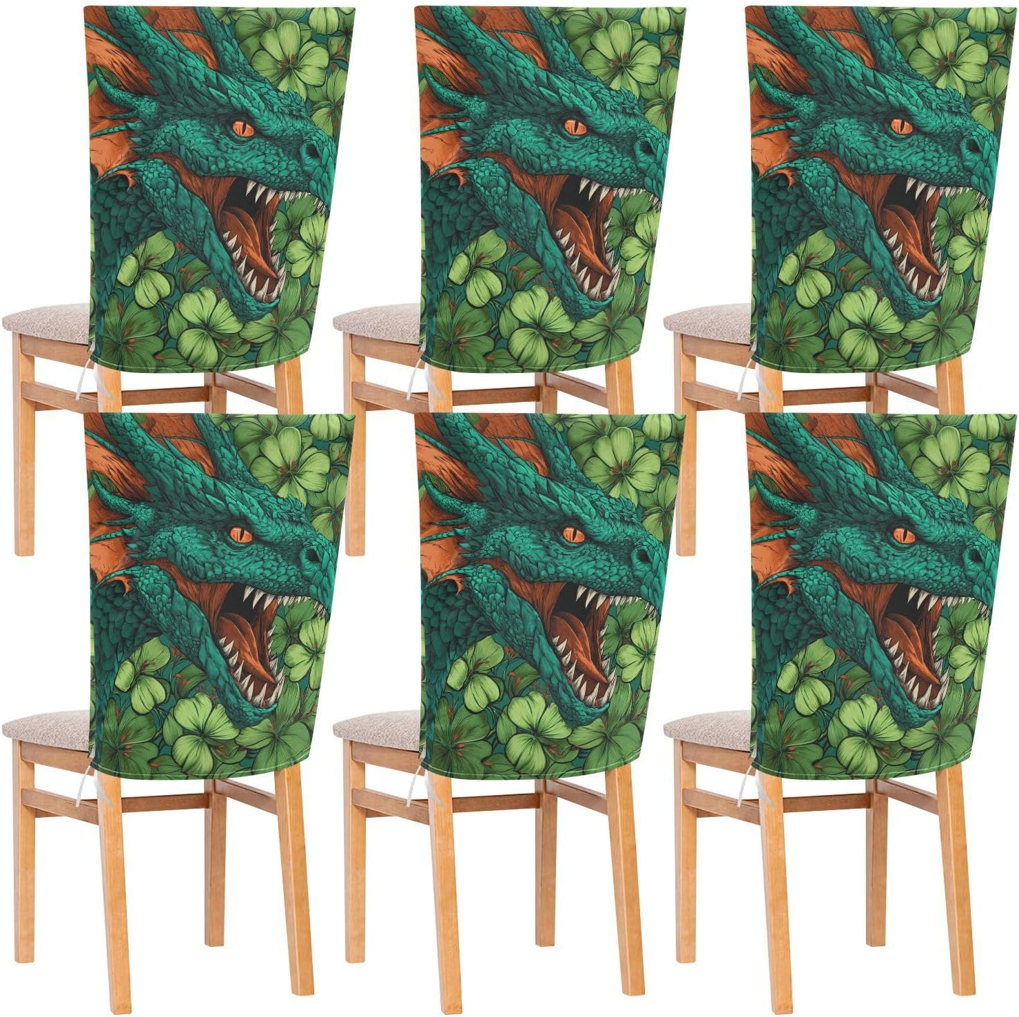 ALAZA St Patrick's Day Dragon and Clovers Chair Back Cover Set of 6, Washable Reusable Removable Chair Slipcovers Decorative Chair Cover for Home Kitchen Wedding Party