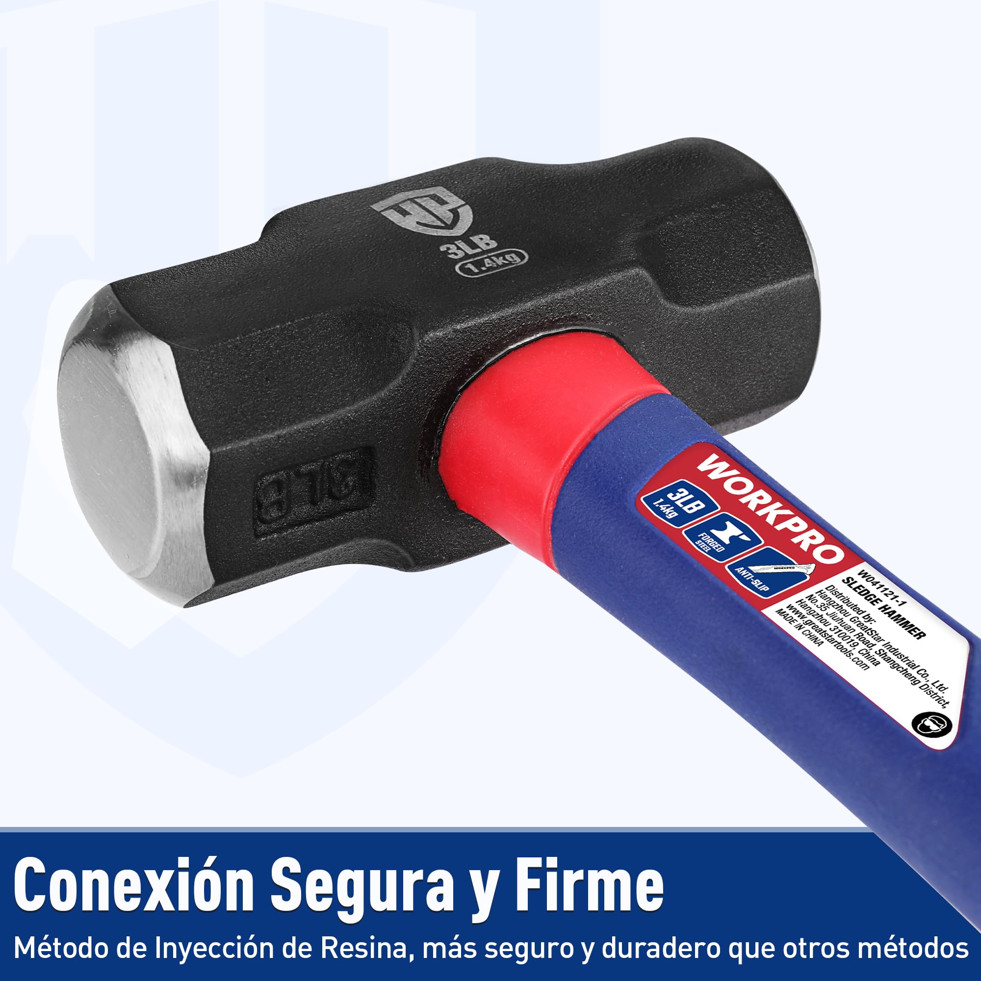 WORKPRO Martillo de Club de 3 LB/1,4 KG con Mango de Fibra de Vidrio, Martillo de 35,5cm, Cabeza de Acero Forjado y Tratado Térmicamente, para Construcción, Roca, Carpintería, Cincelado, Hogar
