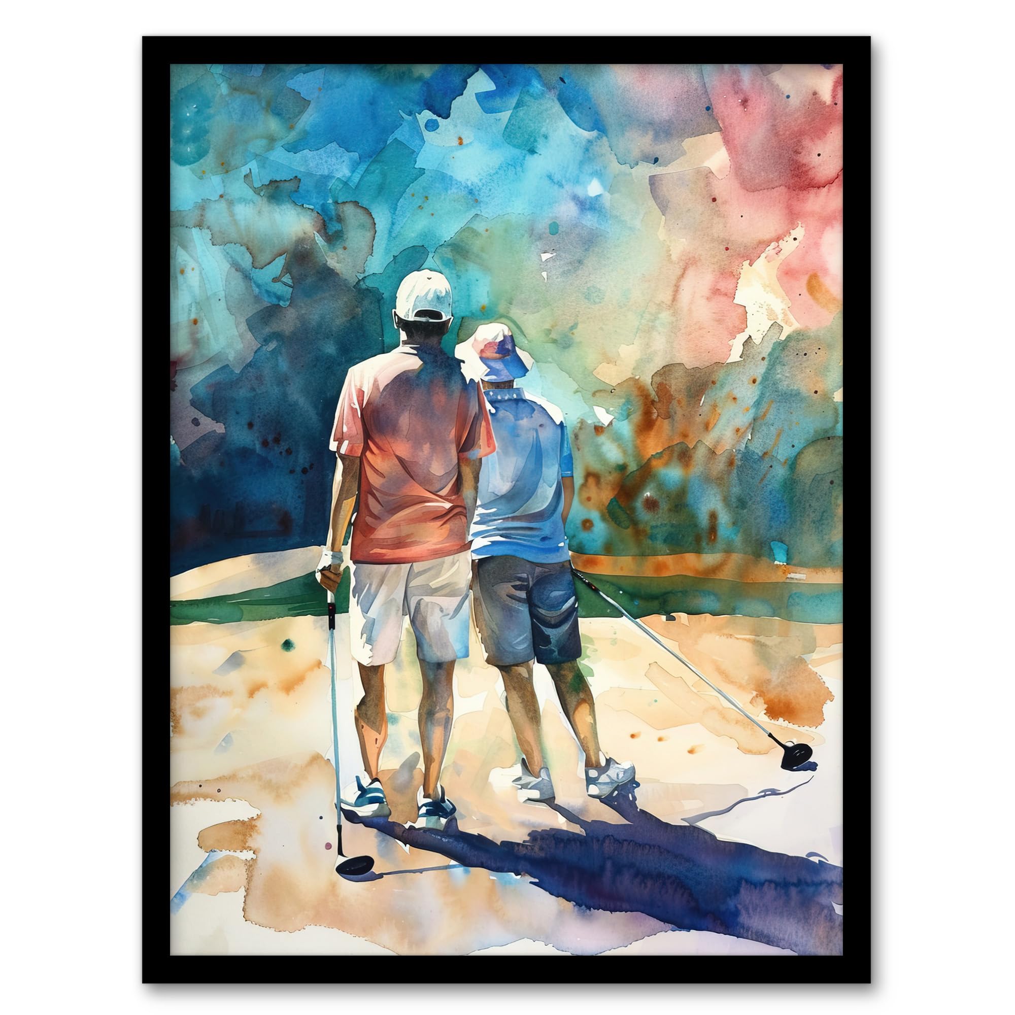 Artery8 Two Golfer Friends in Bunker Watercolour Golf Sun Man Cave Fathers Day Artwork Framed Wall Art Print A4