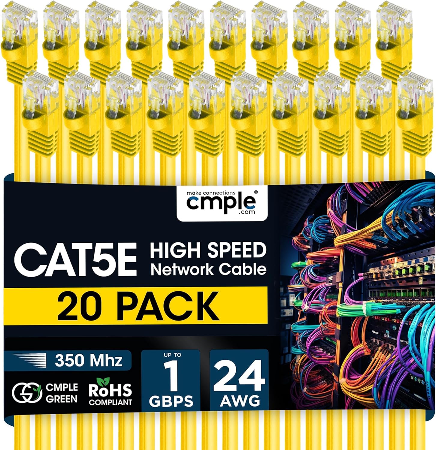 Cmple - 20 Pack Cat5e Ethernet Cable 15ft Internet Patch Cord with RJ45 Connectors 1 Gigabit Router Cables 350Mhz LAN Wire - Yellow