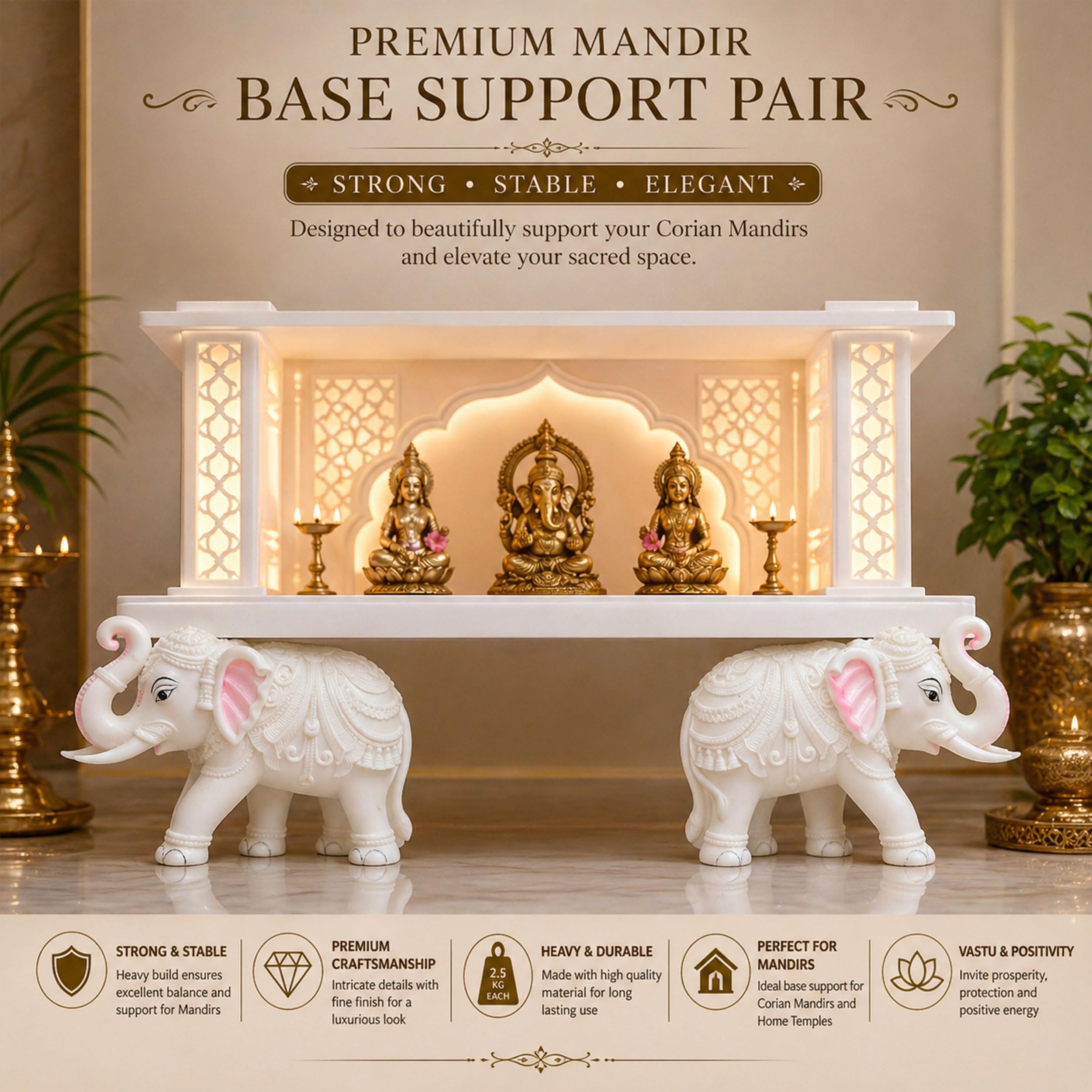 Heavy White Elephant Pair for Mandir Base & Home Temple Decor | 8x10.5 inch Solid Marble Dust Resin Elephant Statues for Corian Mandir Entrance | Vastu Showpiece Set for Living Room — photo — 4 of 8