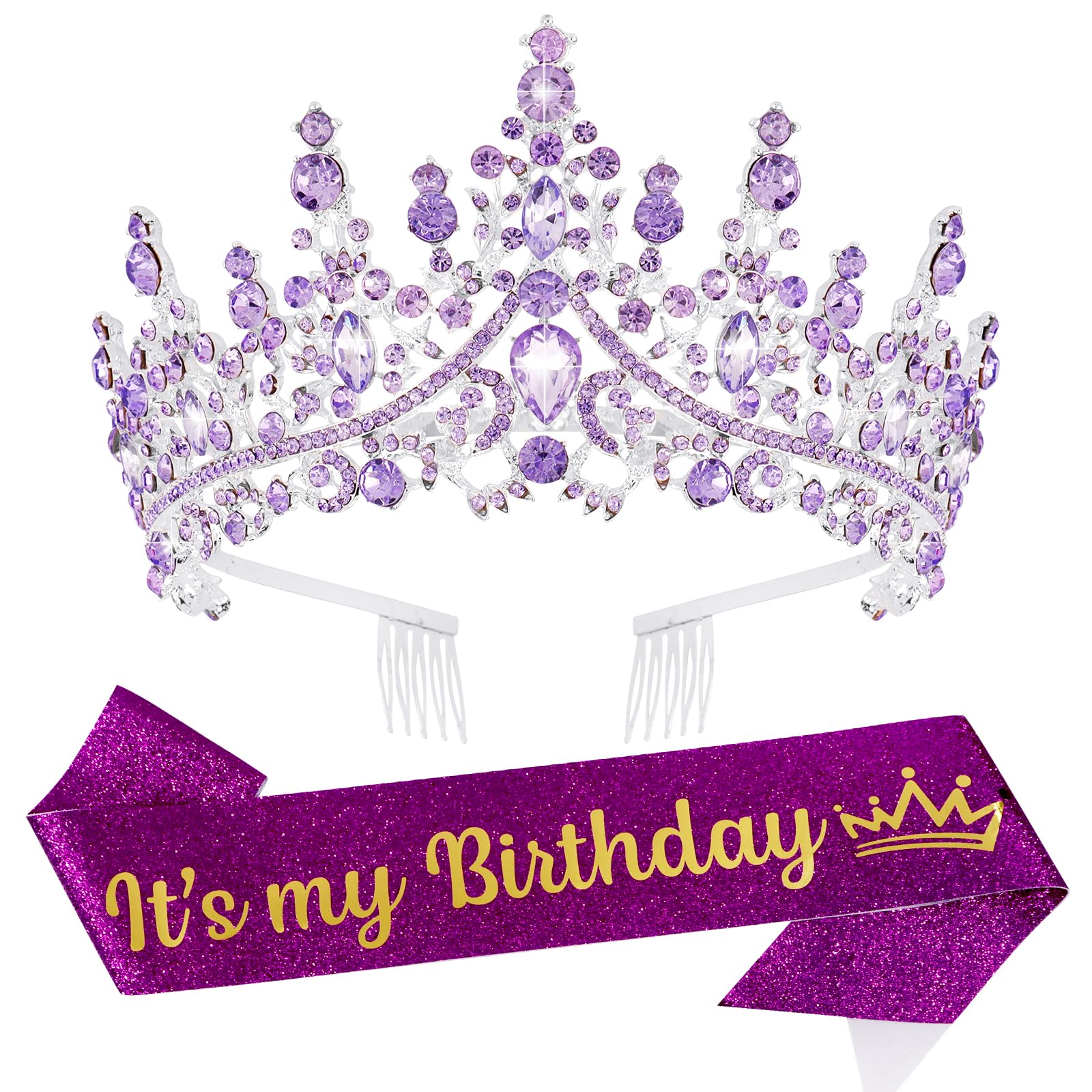 VELSCRUN Purple Crystal Birthday Tiara Crowns for Women Girls It's My Birthday Sash Queen Girls Princess Crown with Combs Happy Birth Party Decorations Mom Sisters Birth Gift Hair Accessories