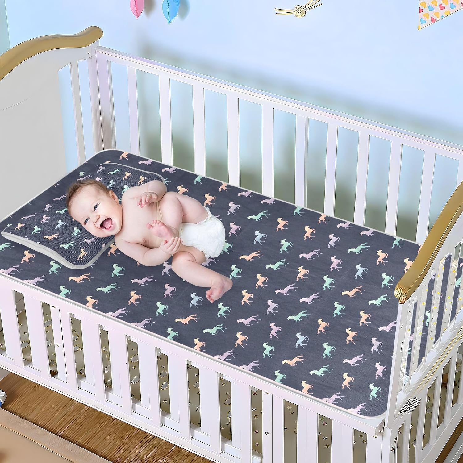 Baby Cooling Mat Colorful Horse Silhouettes Ice Silk Breathable Mesh Summer Crib Mattress Pad with Pillowcase, Soft Cooling Sleeping Surface for Infant & Toddler, 52"x28"
