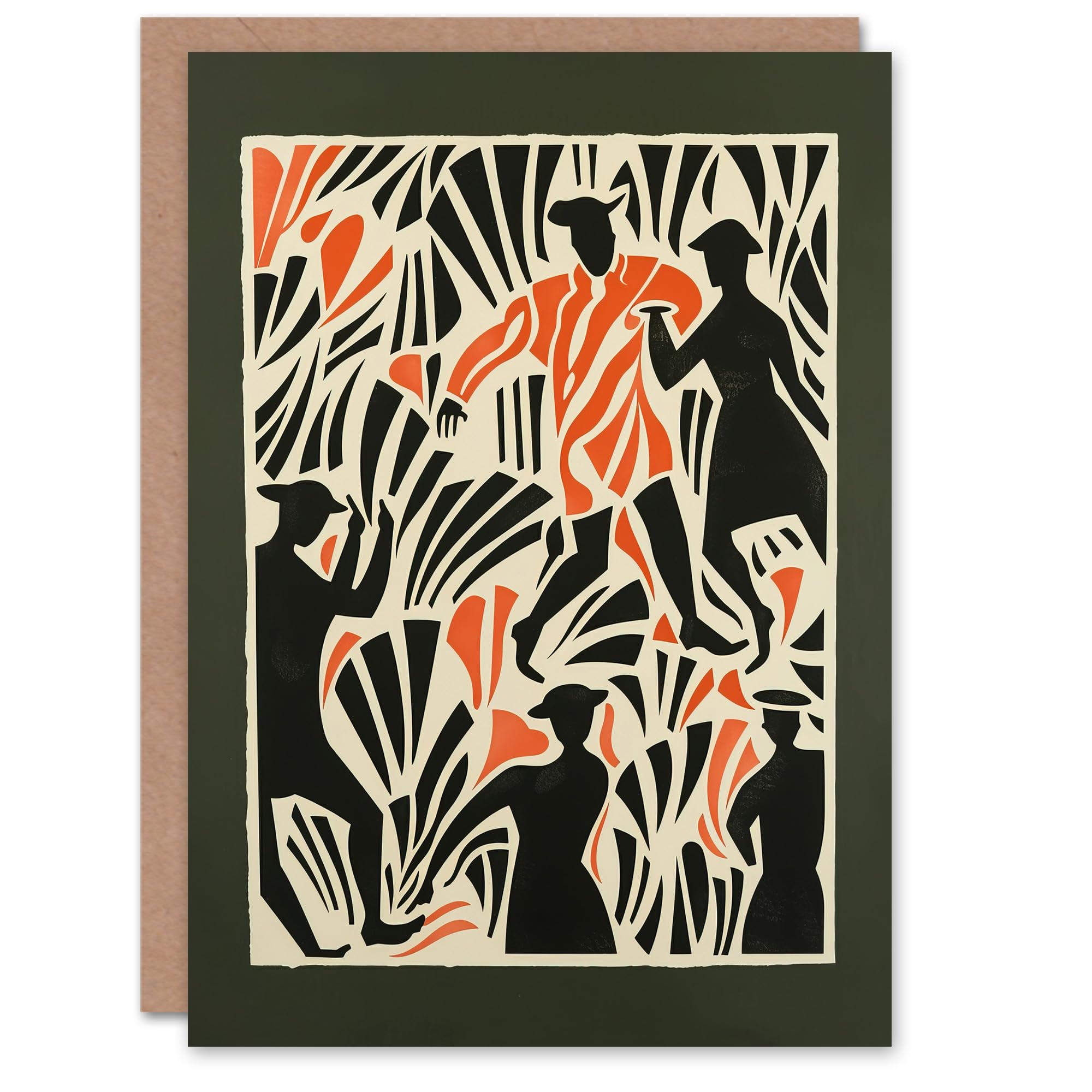 Artery8 Greeting Card Dancing Folk Bold Red Black Linograph Design Blank For Him Or Her Art Birthday Card