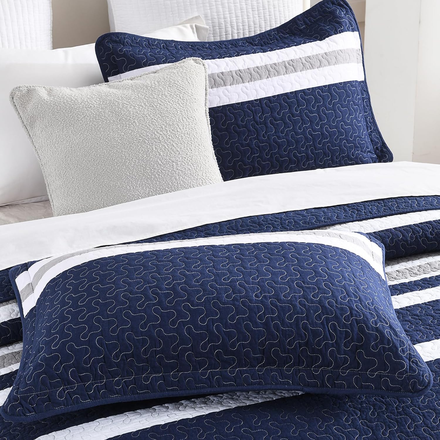 Finlonte Navy Oversized Queen Bedspread 102"x120" - 3 Pieces 100% Cotton Stripe Bedspread Coverlet Set, Lightweight Quilted Bed Spread, Modern Oversized Queen Quilt with 2 Pillowshams, Navy/Gray/White - Image 8