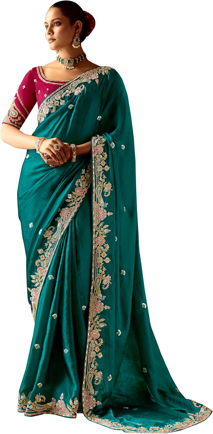 TRENDMALLS Women's Satin Embroidery Sequence work Saree with Unstitched Blouse Piece (K1220-Morpeach)
