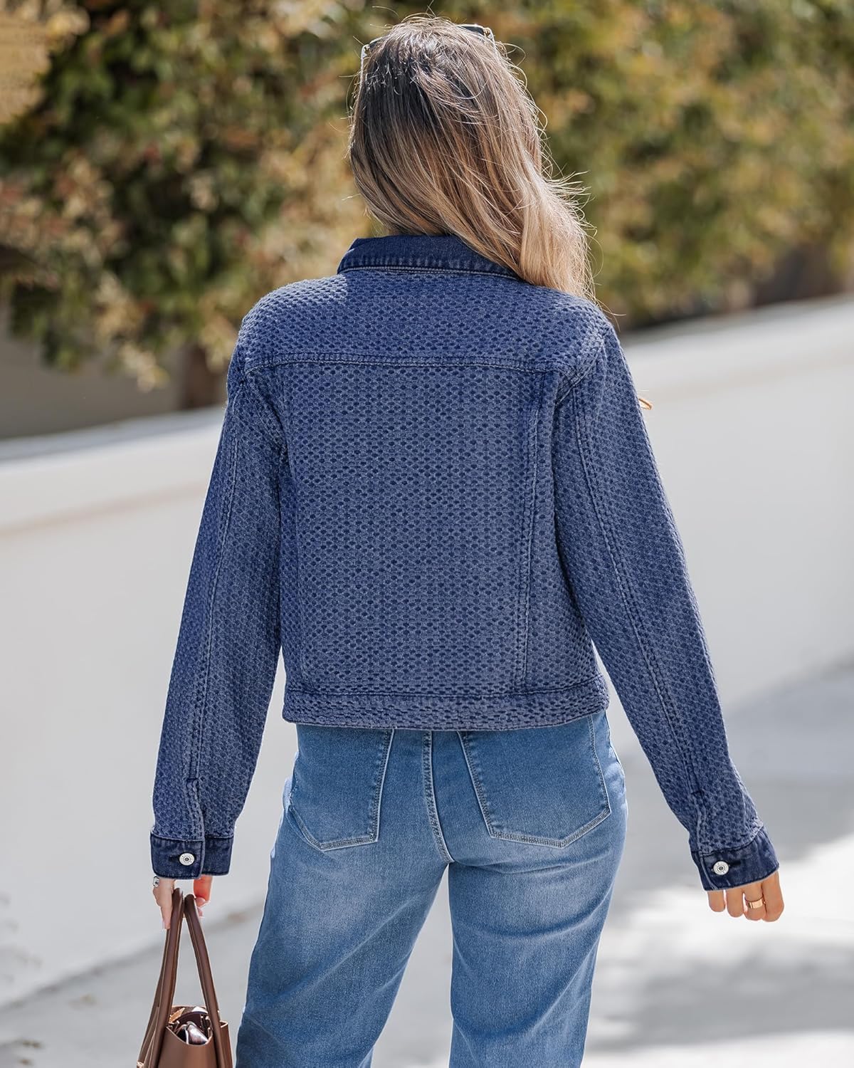 luvamia Jean Jacket Women Trendy Texture Distressed Button Down Long Sleeves Casual Trucker Denim Jackets with Pockets - Image 3