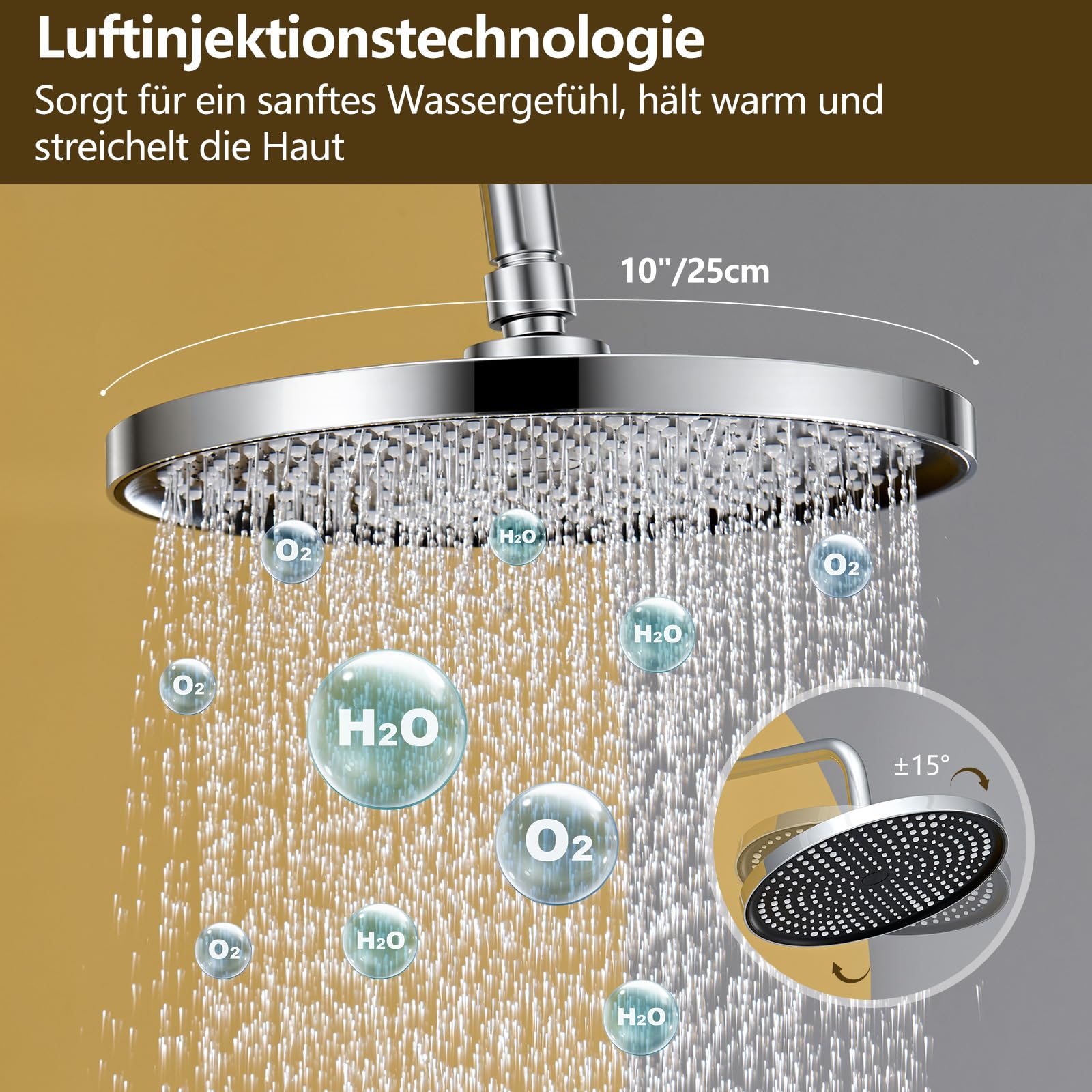 Duschsystem mit Thermostat Edelstahl Regendusche 25cm Handbrause 3 Strahlarten Duscharmatur Komplettset Höhenverstellbar mit Anti-Verbrühungsschutz Wassersparend Einfach Installieren
