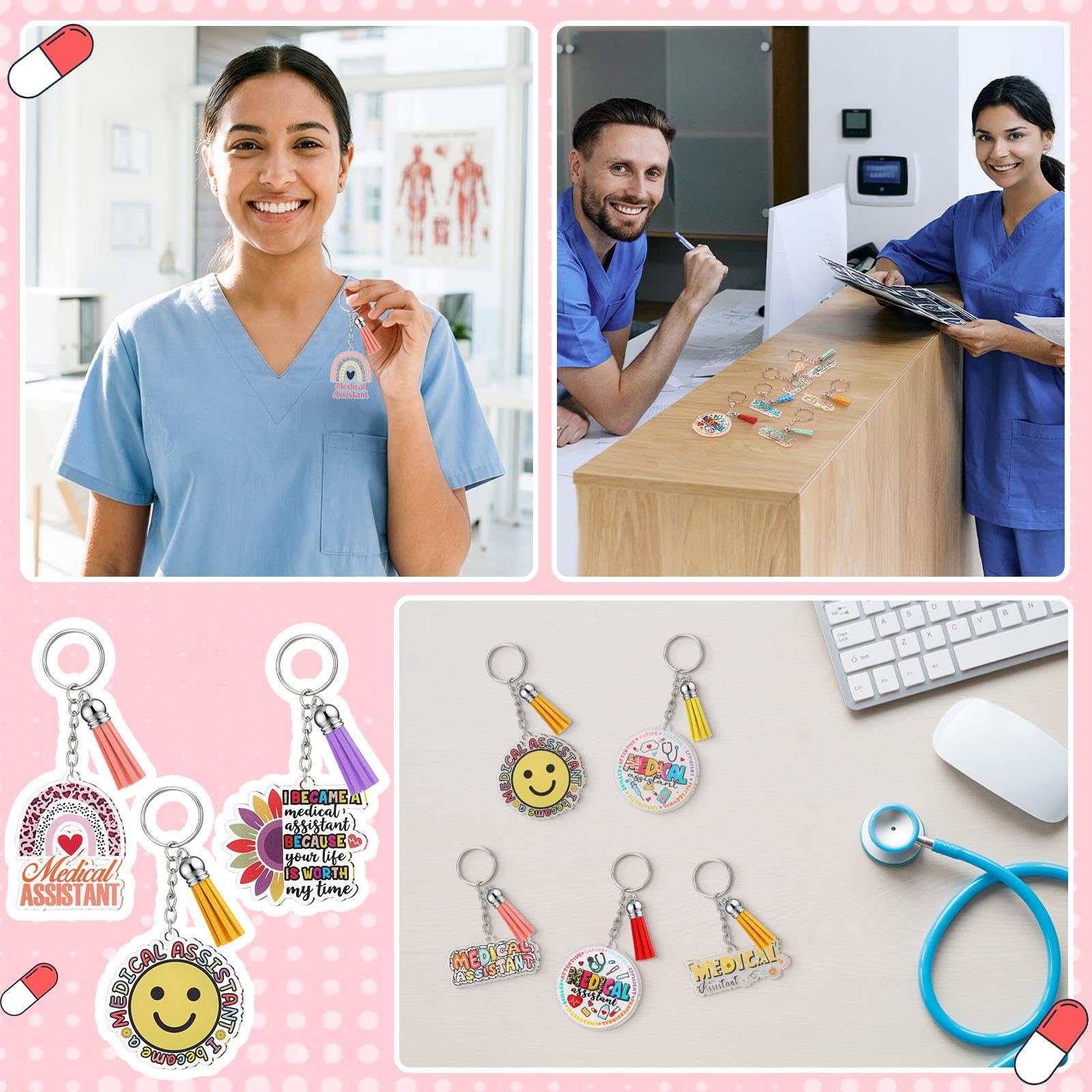 Equsion 24 Pcs Medical Assistant Keychains Bulk Medical Assistant Essentials Gifts Thank You Keychains Motivational Acrylic Gifts Accessories for Nurse Women Female Men Appreciation Favors