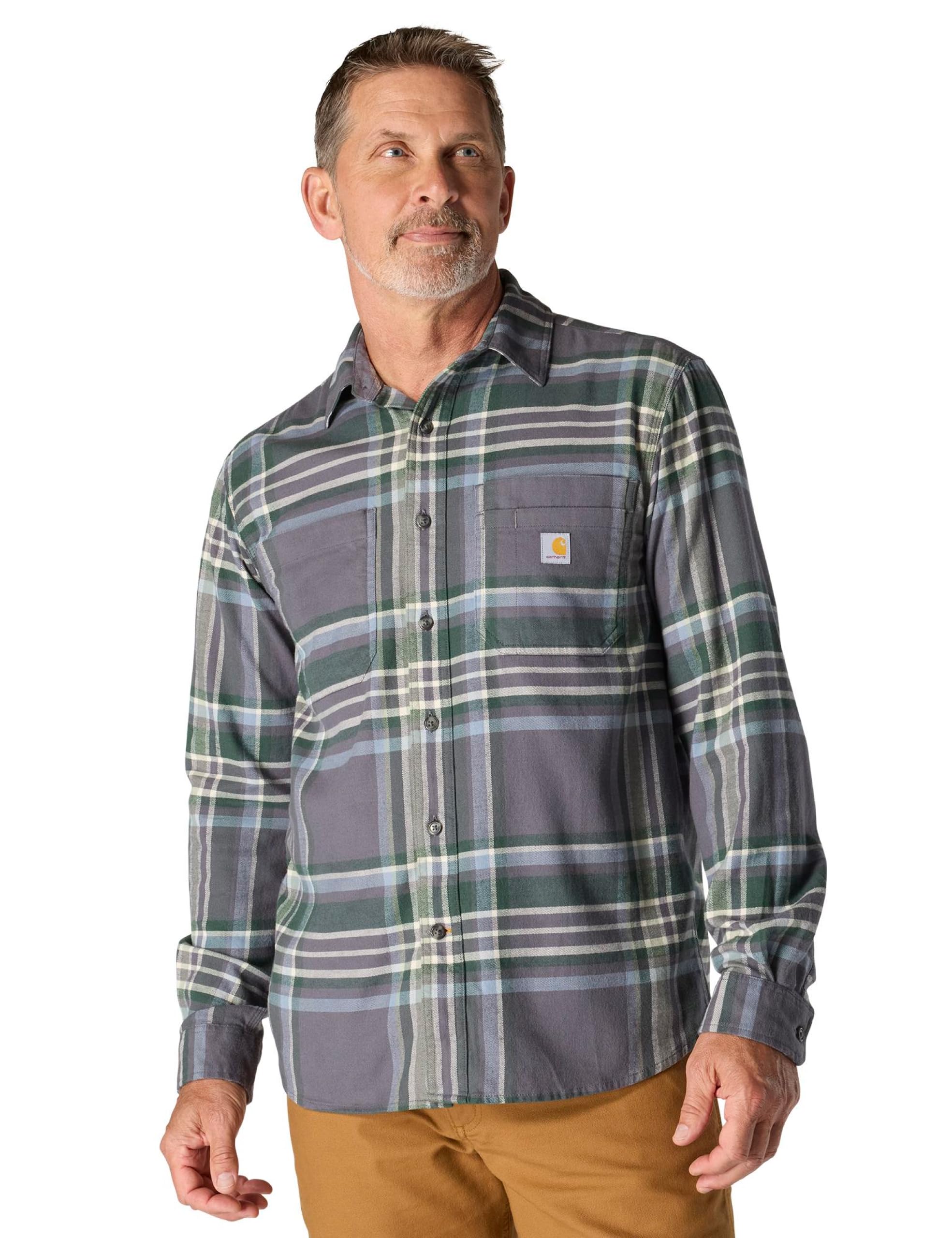 Carhartt Herren Rugged Flex Relaxed Fit Midweight Flannel Langarm Plaid Shirt, Kies, Large Hoch