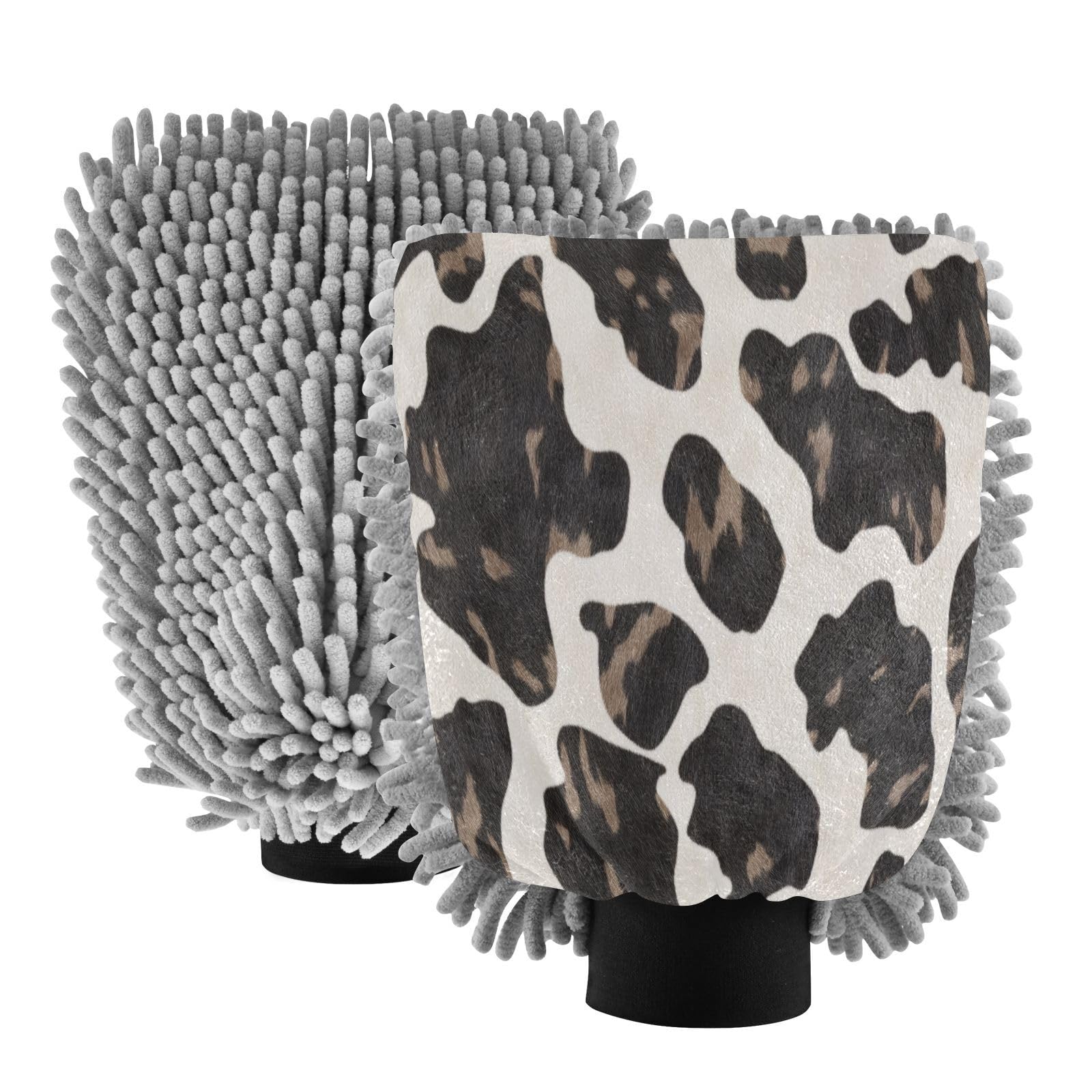 Flradish 2 Pack Cowhide Pattern Car Wash Mitt Chenille Microfiber Lint-Free Scratch Free Ultra-Soft Absorbent Car Wash Mitt 10.2x7.09 Inch