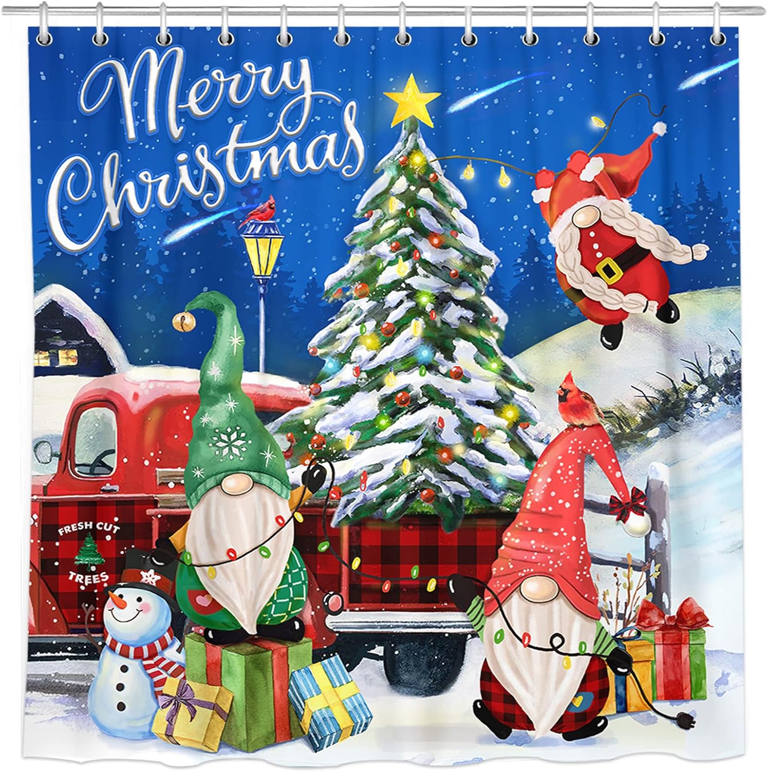 Christmas Shower Curtain, Merry Christmas Gnomes Waterproof Bath Curtain, Red Truck Christmas Tree Snowman Holiday Fabric Shower Curtains for Bathroom with Hooks for Home Decorations Gifts, 72"x72"
