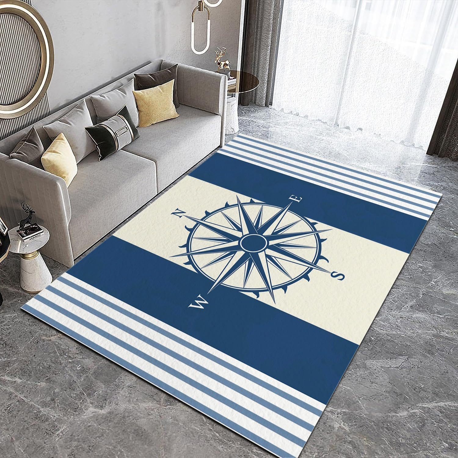 Area Rugs for Living Room Nautical Theme Compass Blue Fluffy Rug Soft Flannel, Rug Floor Carpet with Durable Anti Slip Backing, Carpet Runners Ideal for Bedroom and Nursery 2x3 ft