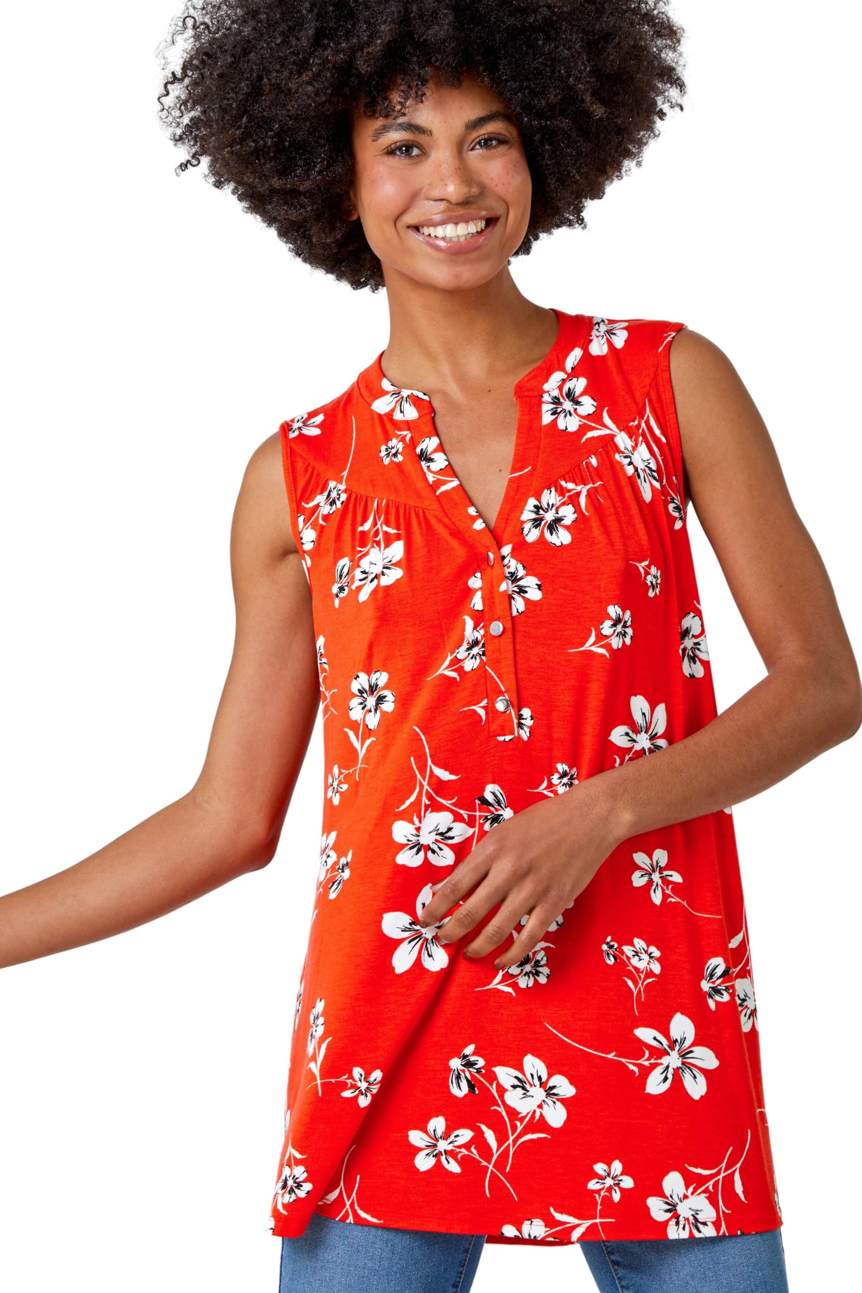 Roman Originals Women's Red White Sleeveless Shirt For Uk Vest Tank Top Summer Smart Blouse Stretchy Jersey T-Shirt Casual Spring Holiday Party Beach Vacation Notch Neck - Size 10