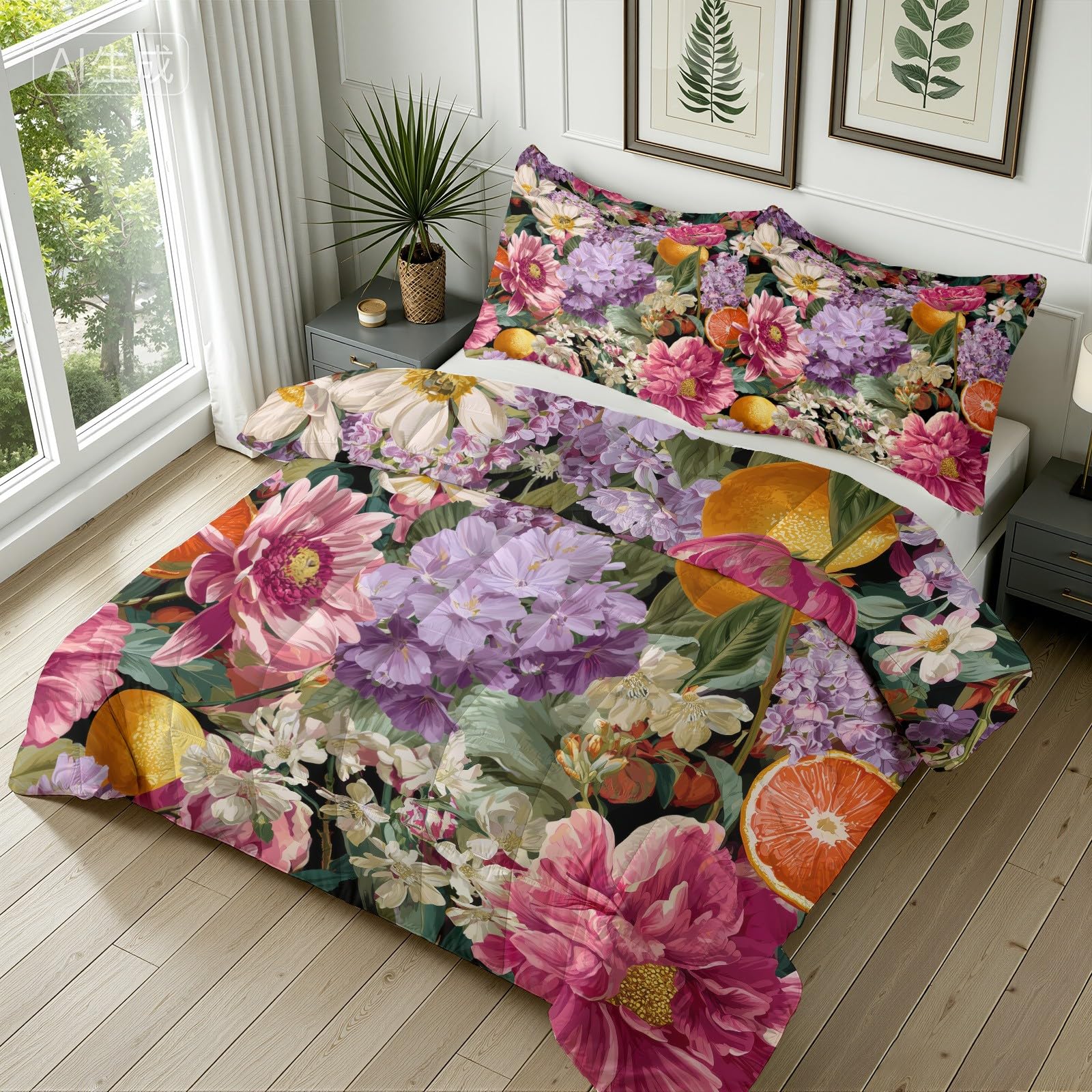 Vintage Blumenmuster Bettdecke Ohne Bezug 240x260 cm, Retro-Romantisches Blumen Waschbar 4 Jahreszeiten Steppdecke - Weiche Ganzjahresdecke mit 2 Kissenbezug 80x80 cm mit Reißverschluss