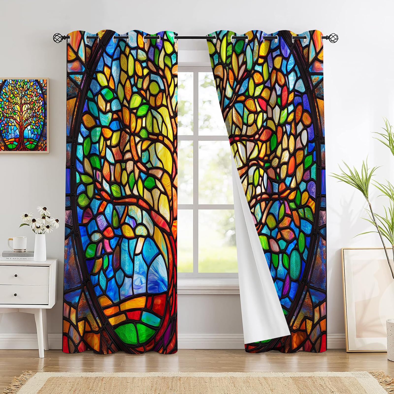 Rideau occultant vitraux 140x260cm lot de 2 draperies jaunes à oeillets