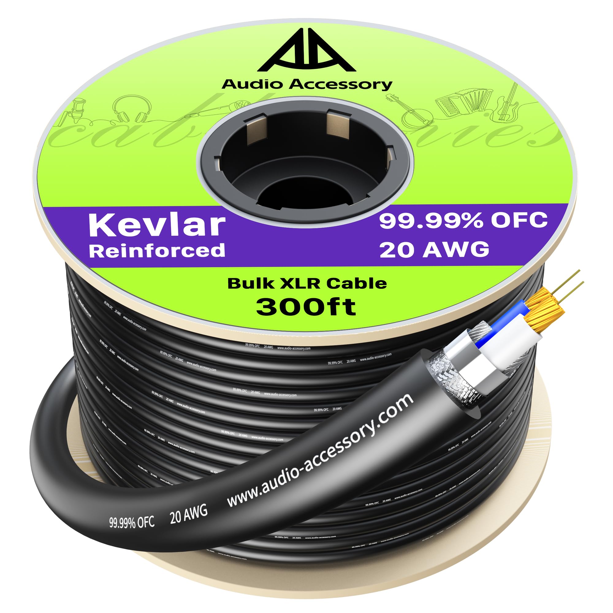 AA AUDIO ACCESSORY Cavo XLR, 91,4 m, 20 AWG, 99,99% OFC, cavo per microfono fai da te rinforzato in Kevlar, intrecciato OFC e schermatura Al-Foil, audio bilanciato silenzioso, per DJ Studio Live Stage
