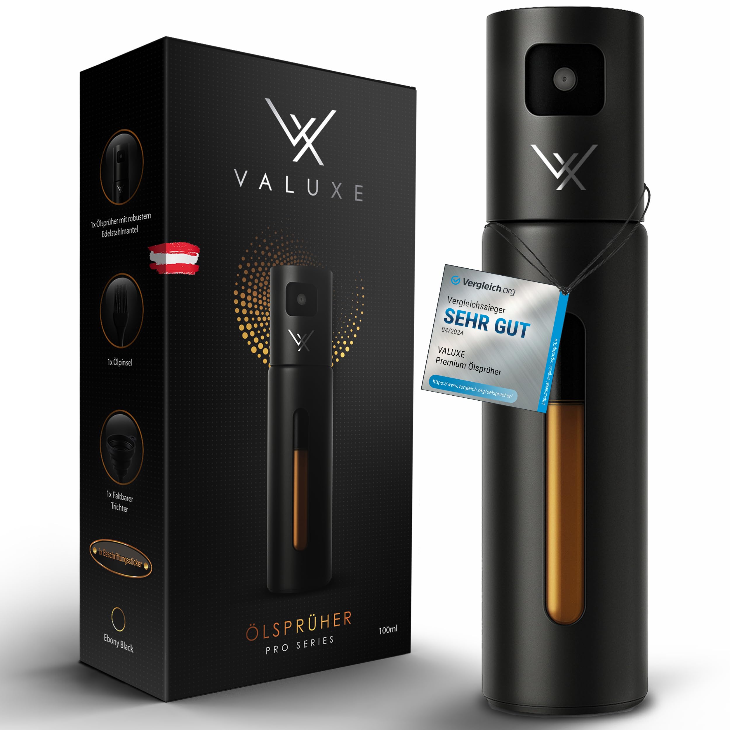 VALUXE® Ölsprüher für Speiseöl & Essig mit UV-Edelstahlmantel & Sprühfilter - Edelstahl Öl-Sprühflasche - Präziser Essig & Olivenöl Sprüher, Öl-Zerstäuber, Oil-Sprayer schwarz