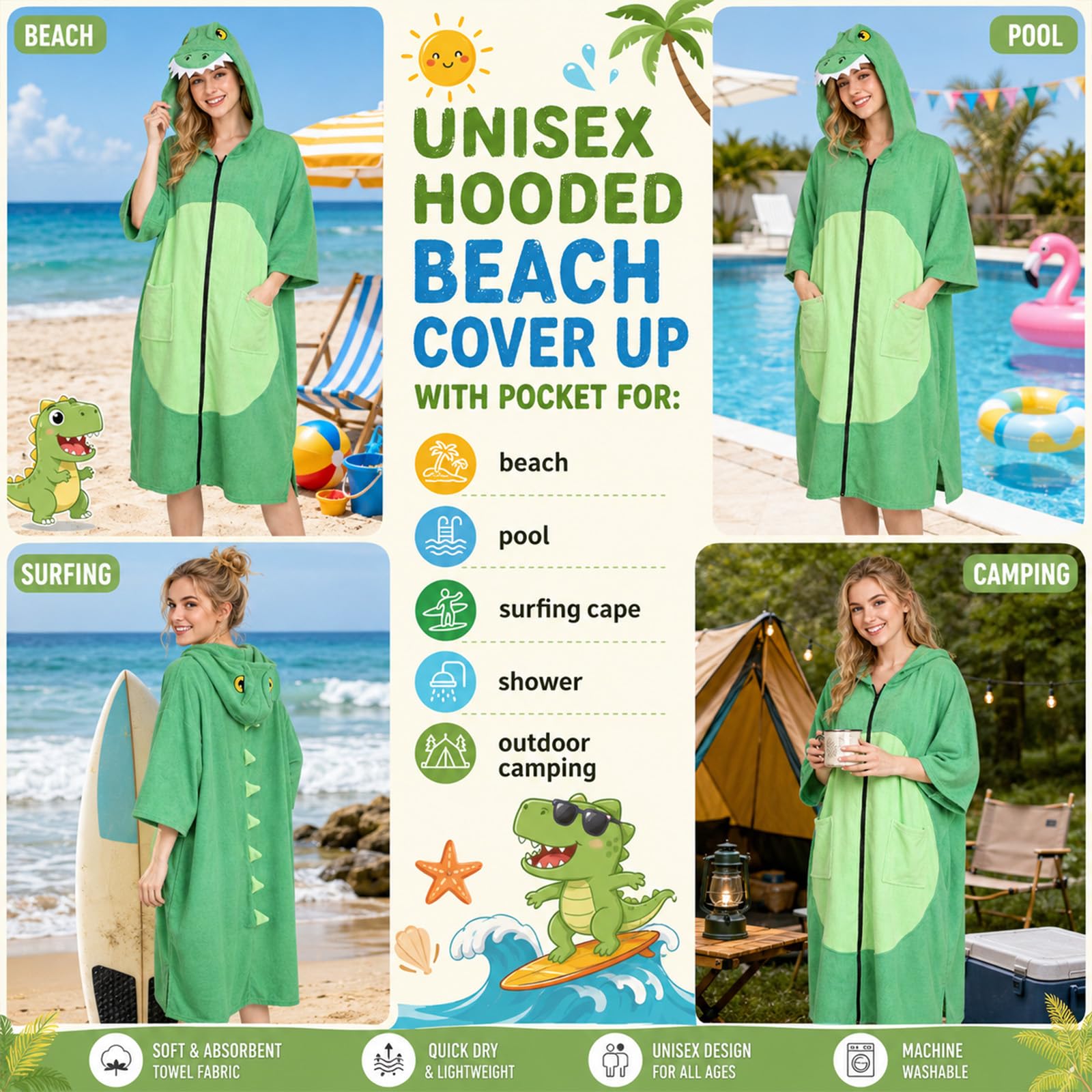 Emwwat Surf-Poncho mit Reißverschluss, übergroß, mit Kapuze, Strandtuch, schnell trocknend, Mikrofaser-Handtuch, Poncho für Strand, Surfen, Schwimmen (grüner Dinosaurier)