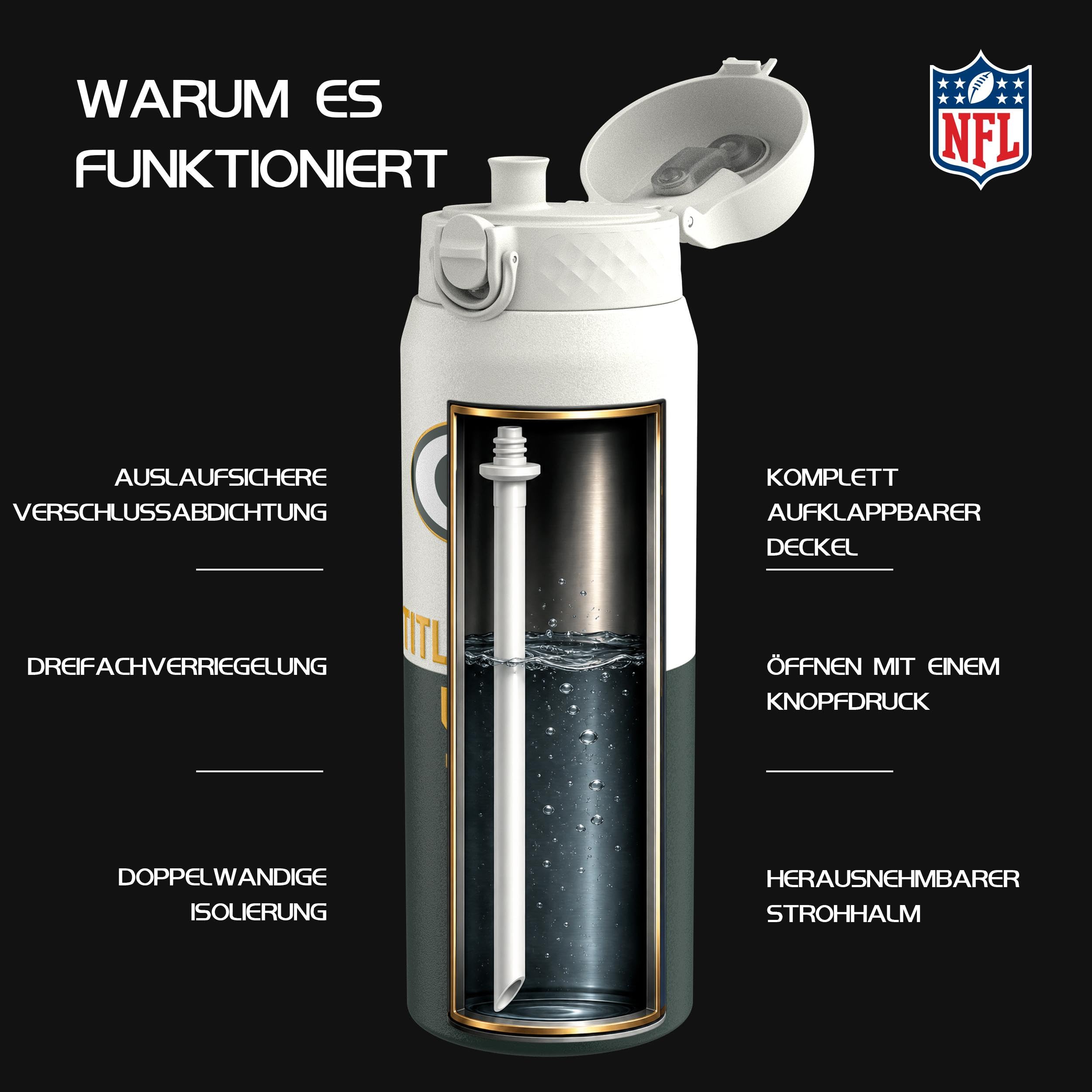 NFL Green Bay Packers Trinkflasche Mit Herausnehmbarem Strohhalm, 750ml/24oz, Auslaufsichere Isolierflasche, Leicht Zu Öffnen, Sicherer Verschluss, Spülmaschinenfest, Klappdeckel, Metallflasche