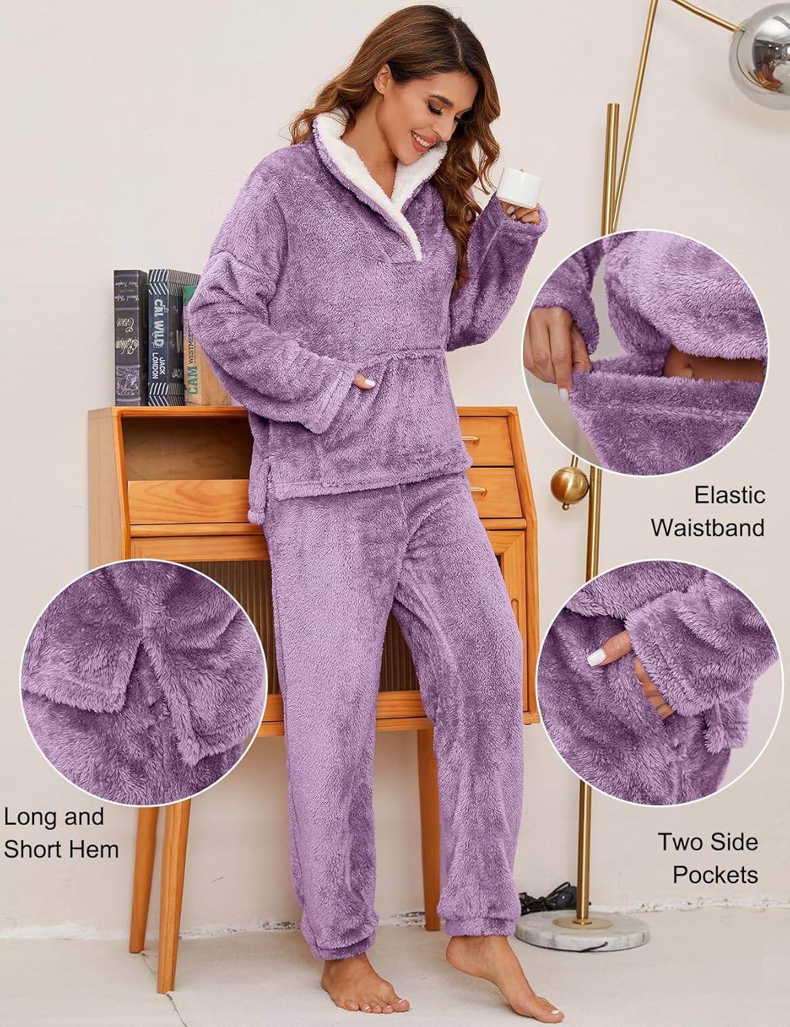 COZYPOIN Women's Fluffy Pajamas Set 2 Piece Soft Fleece Pjs Pullover Pants Loose Plush Sleepwear Warm Fuzzy Loungewear - Image 5