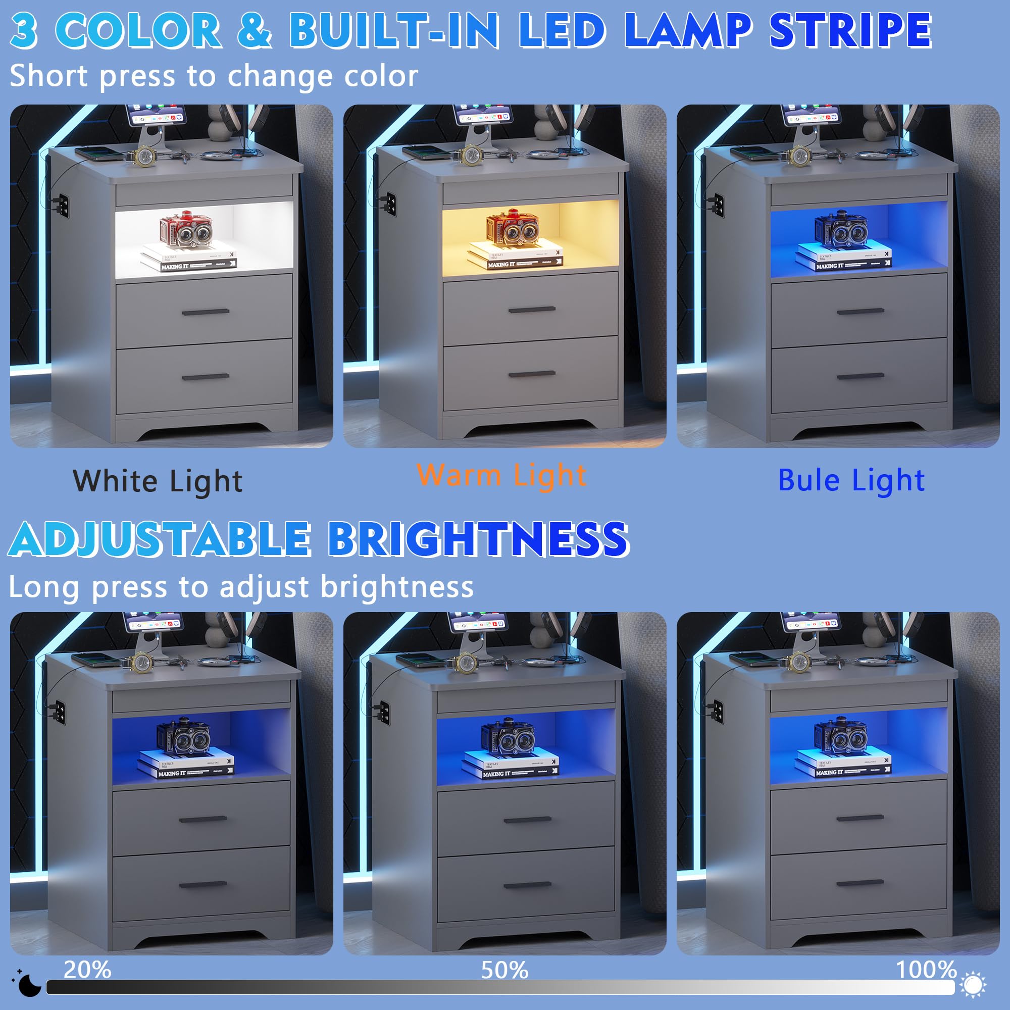 Gurexl Smart Nachttisch Mit Ladefunktion, LED Nachtschrank