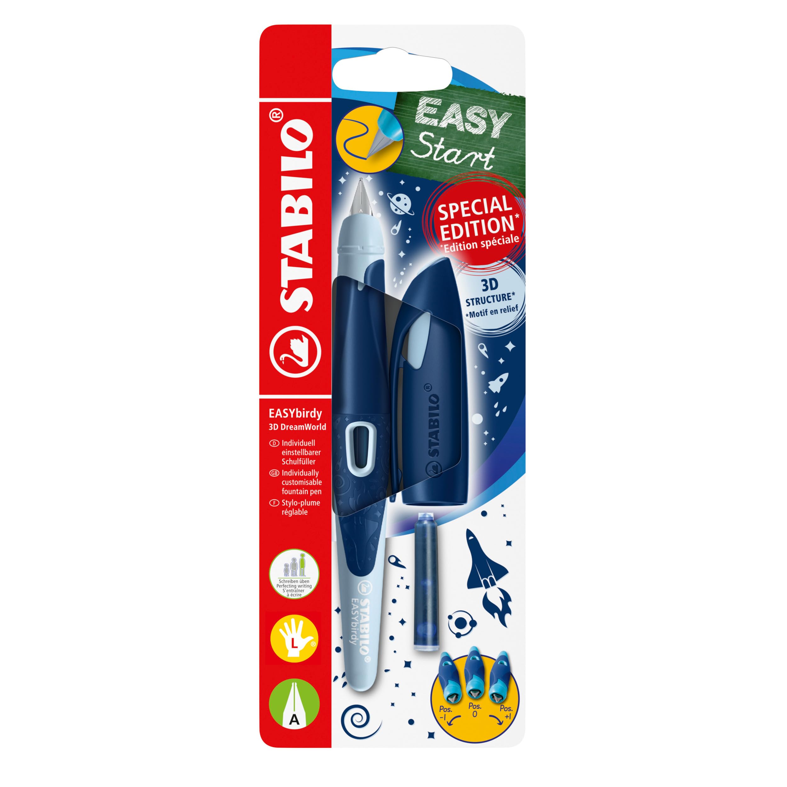 STABILO EASYbirdy 3D DreamWorld - Ergonomic School Fountain Pen - A-Nib - Left-Handed - Pack of 1 - Blue