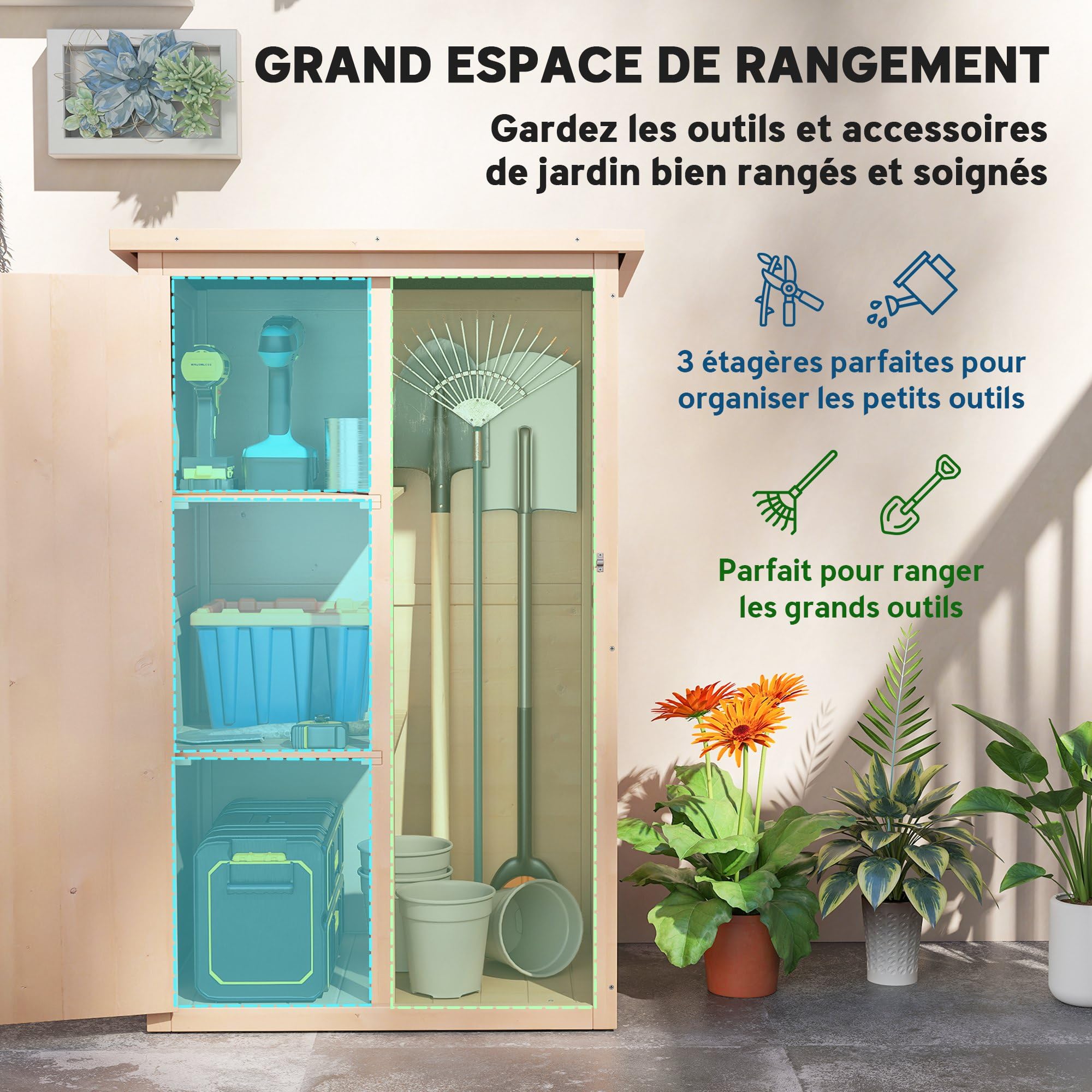 Outsunny Armoire Abri de Jardin Bois de Sapin Pré-Huilé 75x56x115cm Naturel