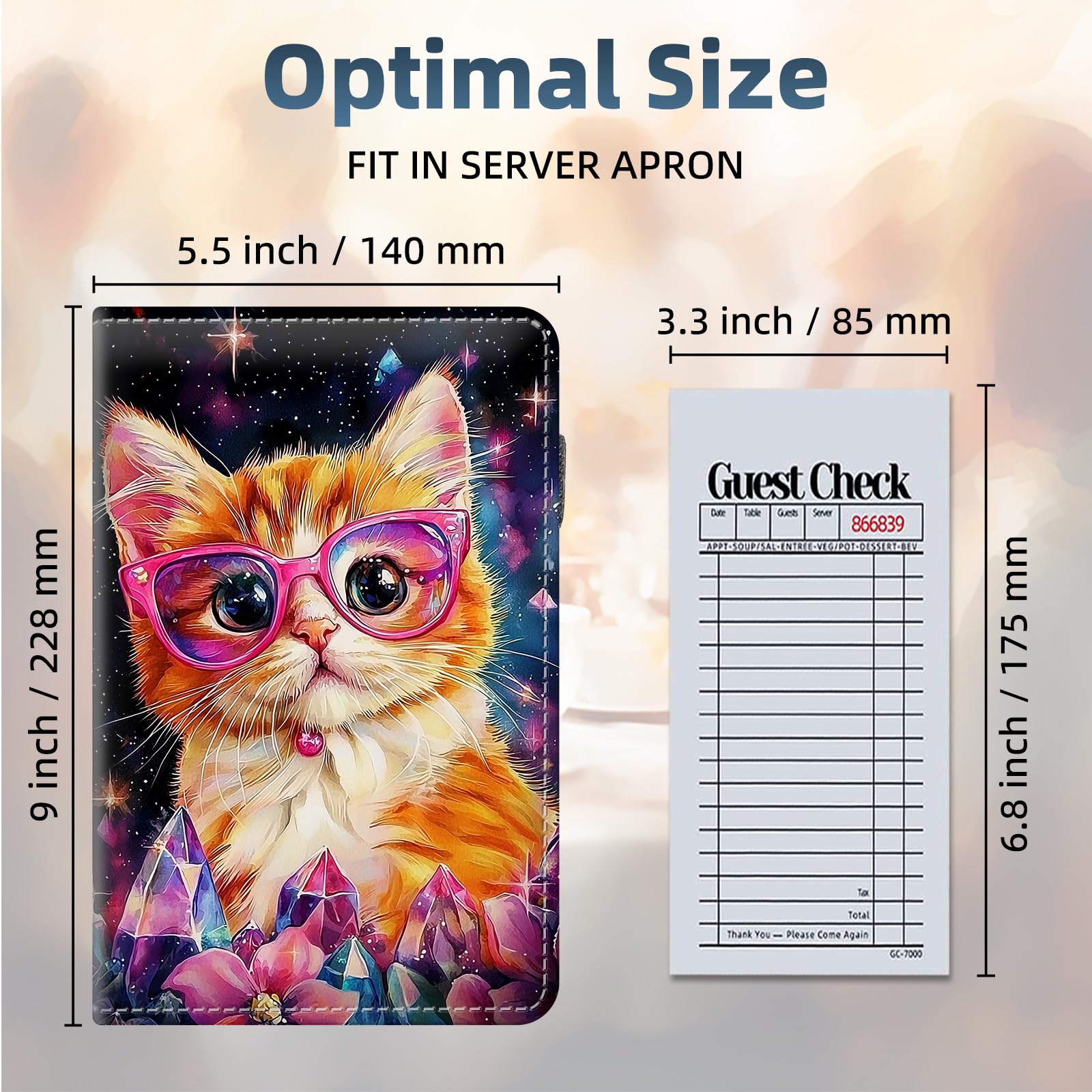 FQSXFIFN Leather Server Book for Waitress, Cute Server Book with Zipper Money Pocket,Check Presenters Waitstaff Organizer Fit Server Apron, Cute Cat Serving Books, Black Waiter Books for Servers