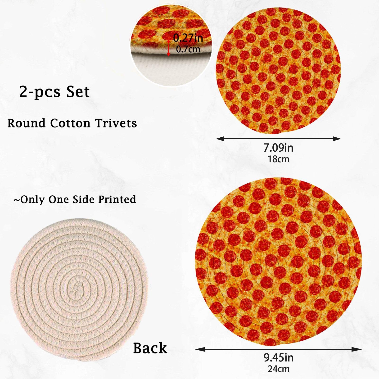 Naanle Juego de 2 salvamanteles redondos de algodón tejido para pizza y pepperoni, 7 y 9 pulgadas de diámetro, resistente al calor para decoración de cocina, suministros de cocina
