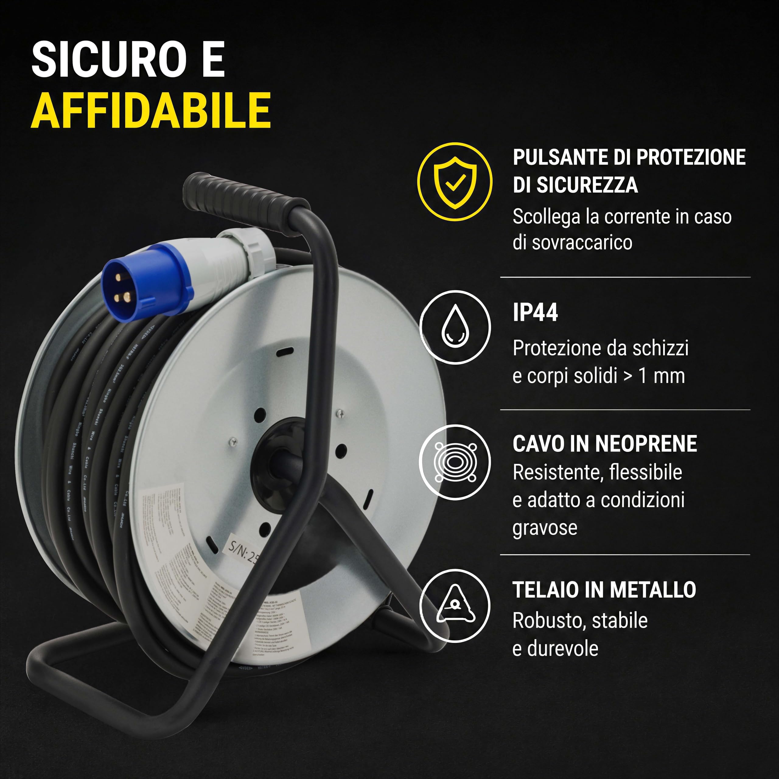 STAK Avvolgicavo Industriale Professionale 33 Metri IP44 con Cavo H07RN-F 3G2.5 mm², 2 Prese CEE + 1 Schuko, Spina CEE 16A, Prolunga Elettrica per Cantiere, Camper, Campeggio e Nautica