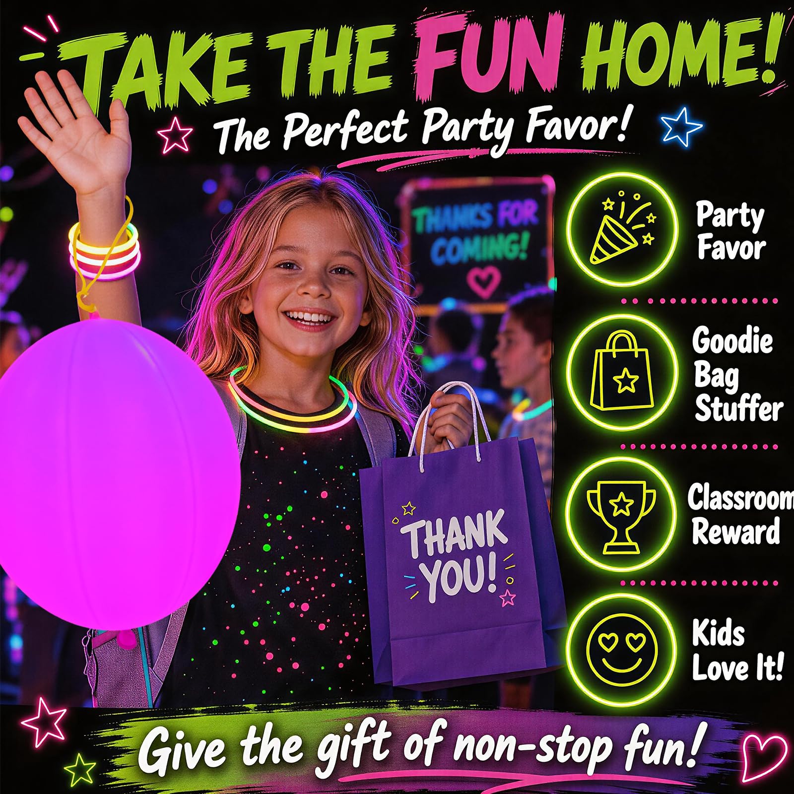 Mega-L Lot de 24 ballons fluo pour enfants, ballons rebondissants robustes avec poignées en caoutchouc, cadeaux de fête pour anniversaire, piñatas, sacs à friandises, prix et fournitures de carnaval