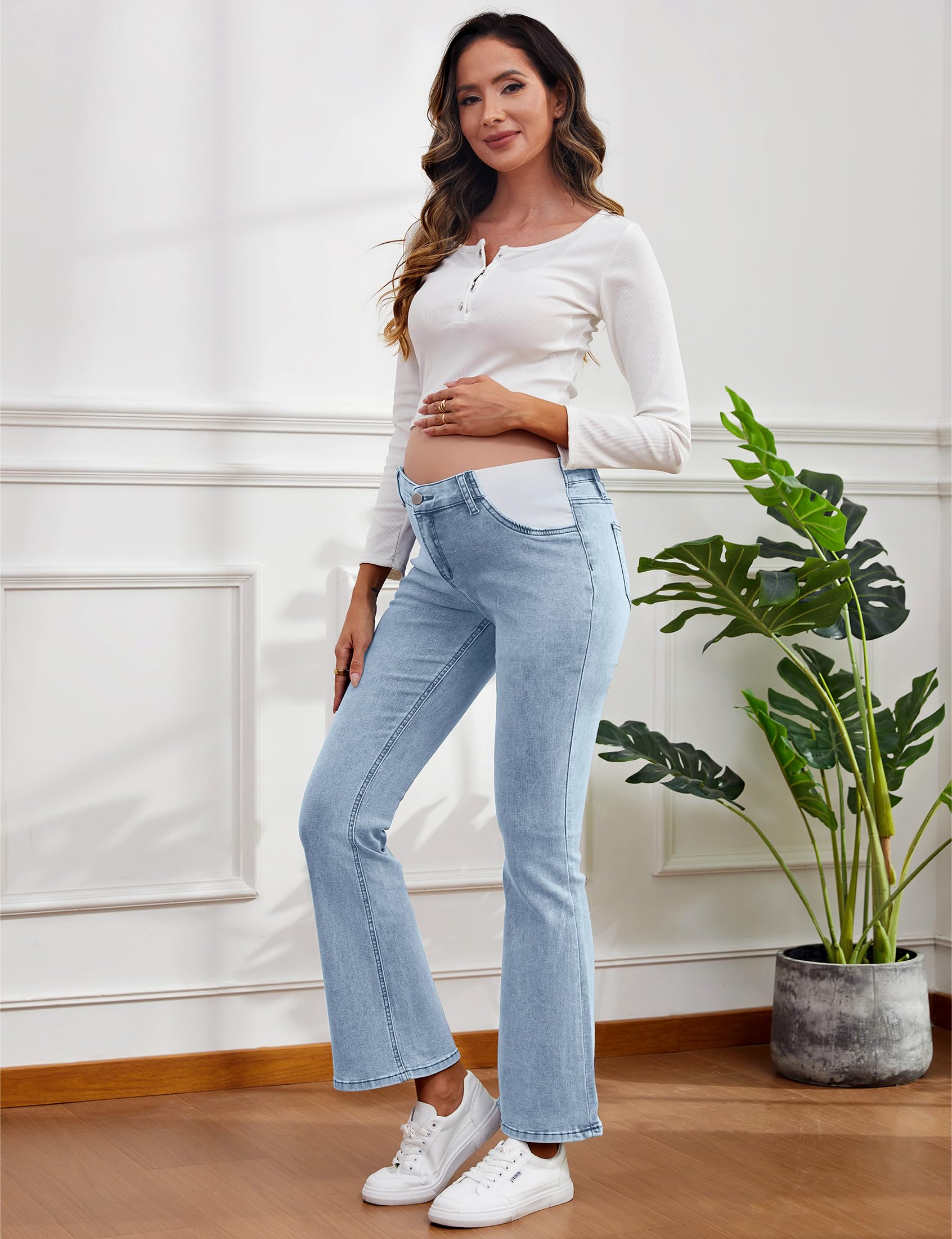 Jean de maternité pour femme - Jean de grossesse bootcut - Taille mi-haute - Pantalon de maternité évasé en denim avec poches