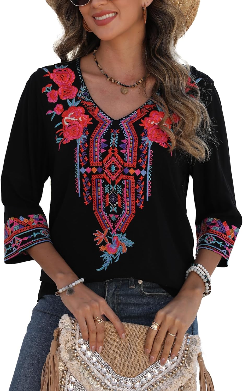 Mexican Embroidered Tops for Women Boho Chic Short Sleeve V Neck Blouse 3/4 Sleeve Floral Casual Summer T-Shirt - Image 4