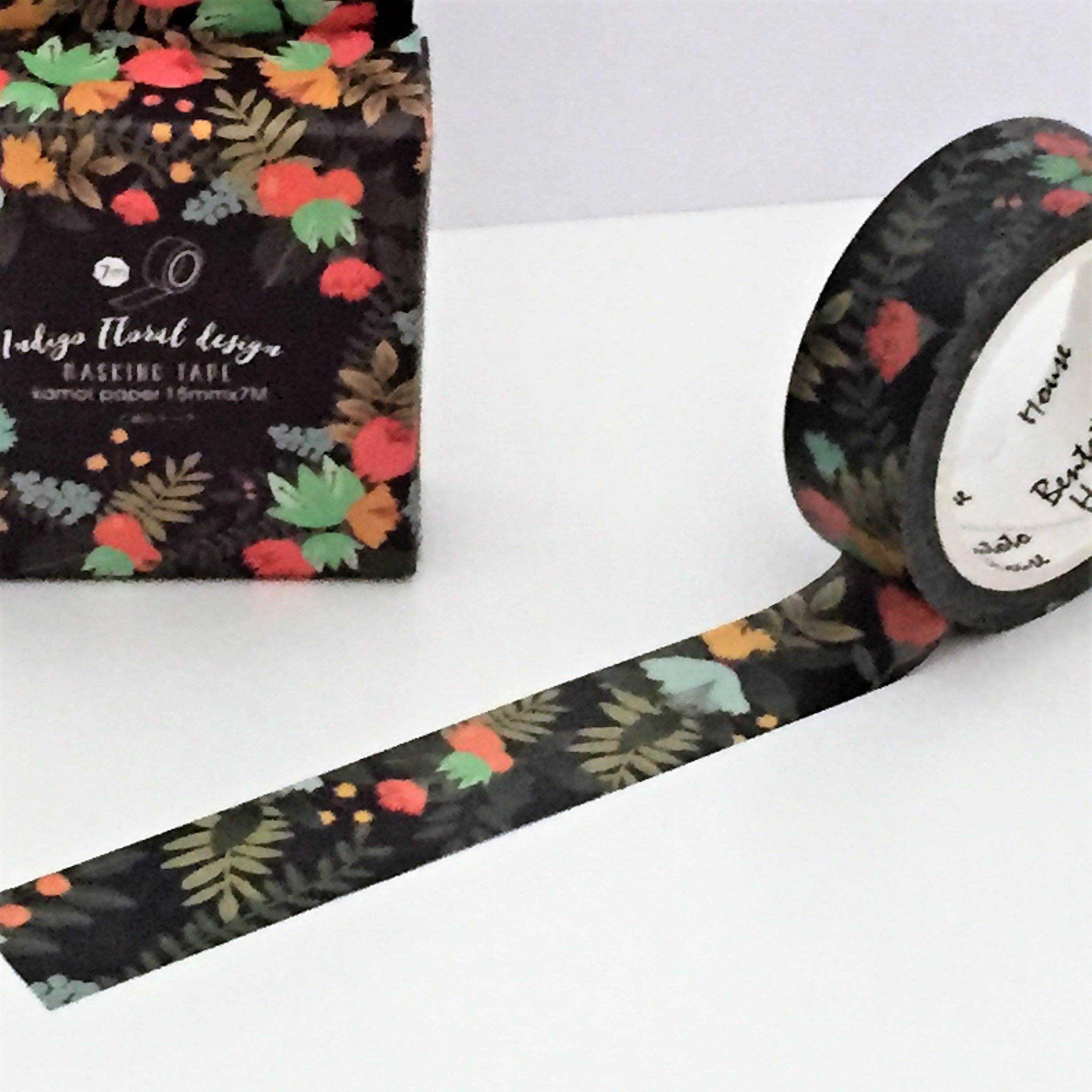 Indigo Floral Design Washi Tape Roll - 15mm x 7m Navy PInk Flower Leaf