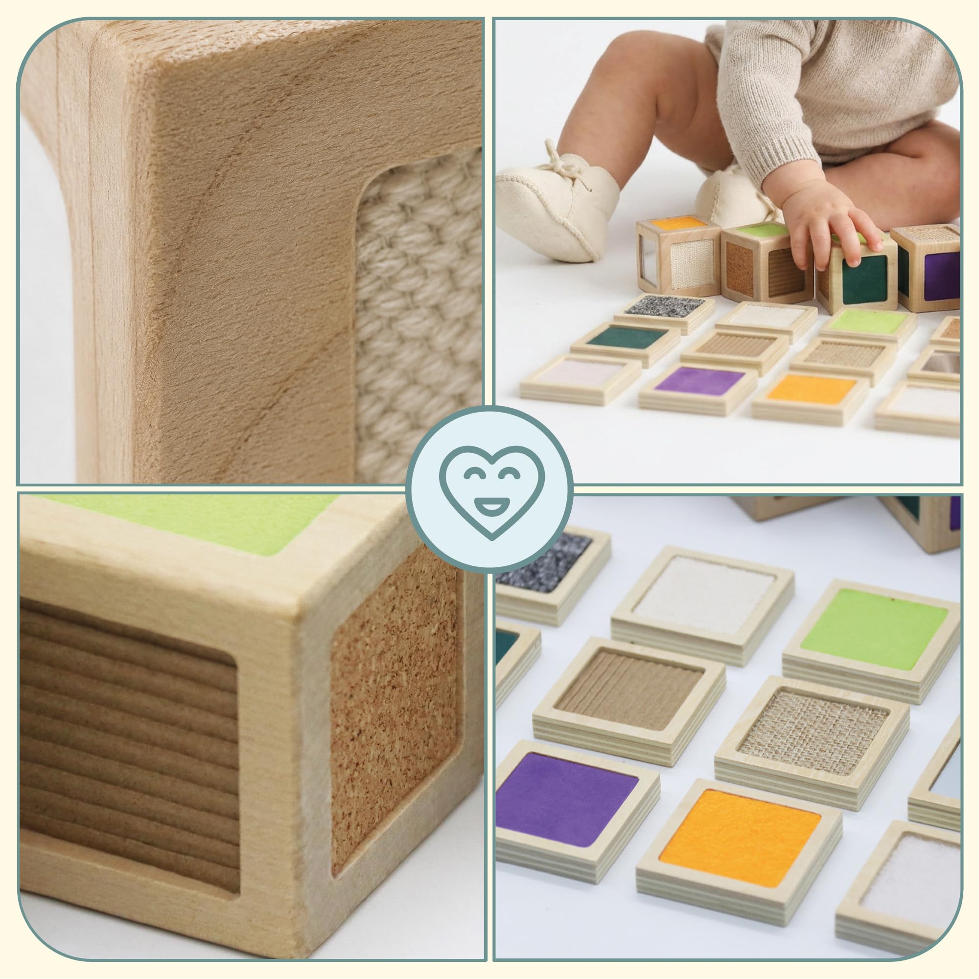 mamabrum Blocchi sensoriali in Legno Montessori, 4 cubi con 12 Texture e 12 Tessere da Abbinare, Gioco tattile educativo per Bambini da 1 Anno, Gioco Naturale per Movimento in casa
