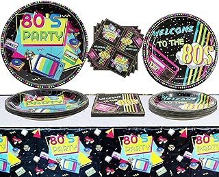 Hegbolke 80s Party Supplies - 61 Pcs 80s Plates Napkins Tablecloth Set, for Back to the 80s Party Decorations, 80s Theme Birthday Party Supplies - Serves 20