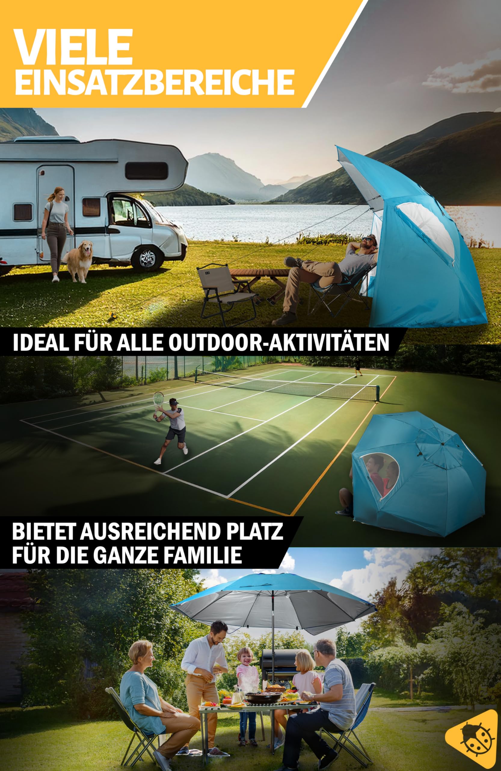 Menz Sonnenschirm Strand windfest stabil Ø 220 cm - Funktionale UPF 50+ Sonnenschirm Muschel, Strandschirm mit Seitenwand, Sonnenschutz Strand, Fb. Türkis
