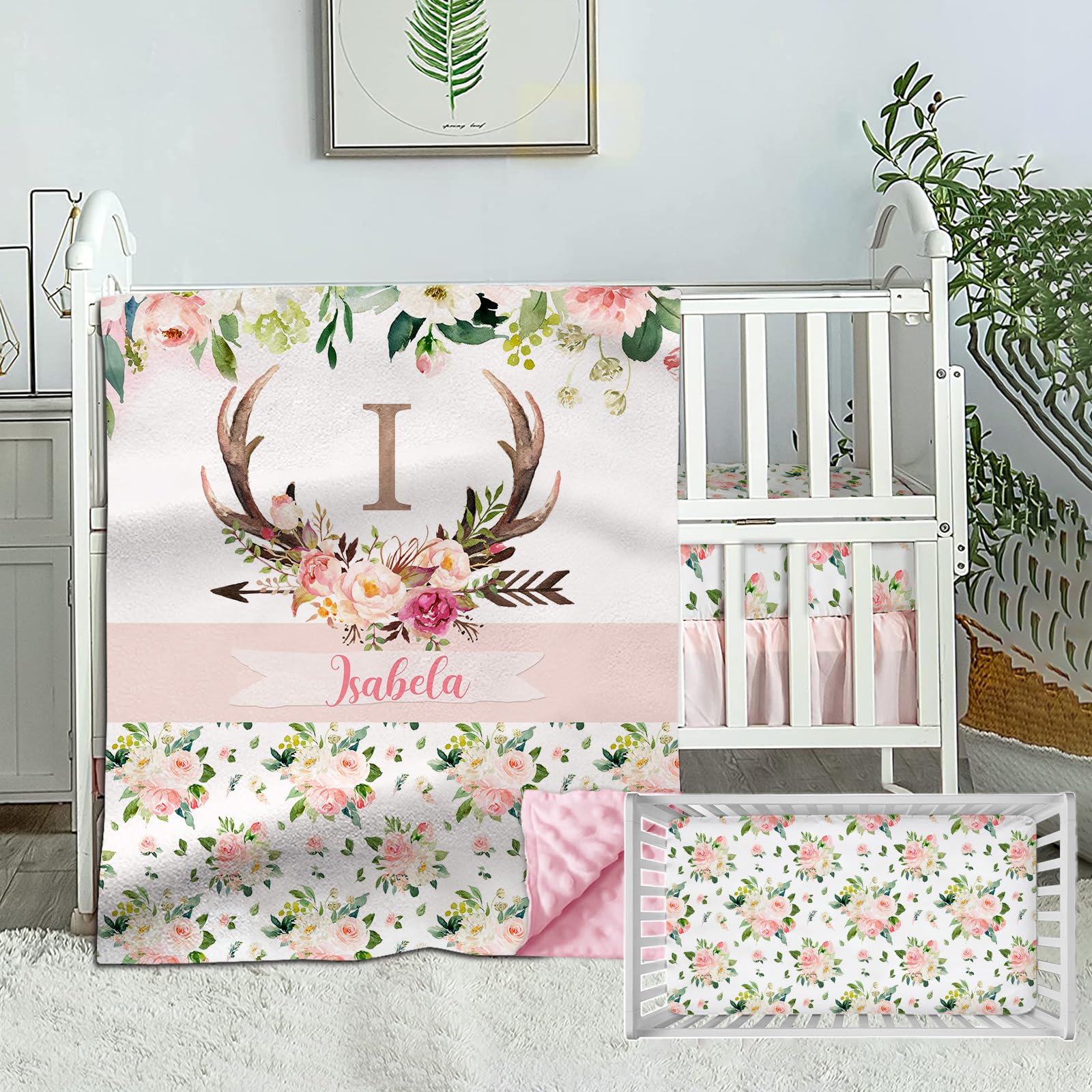 Personalized Baby Girl Crib Bedding Set, Custom Name Crib Comforter, Antlers Deer Nursery Bedding, 2 Piece Set