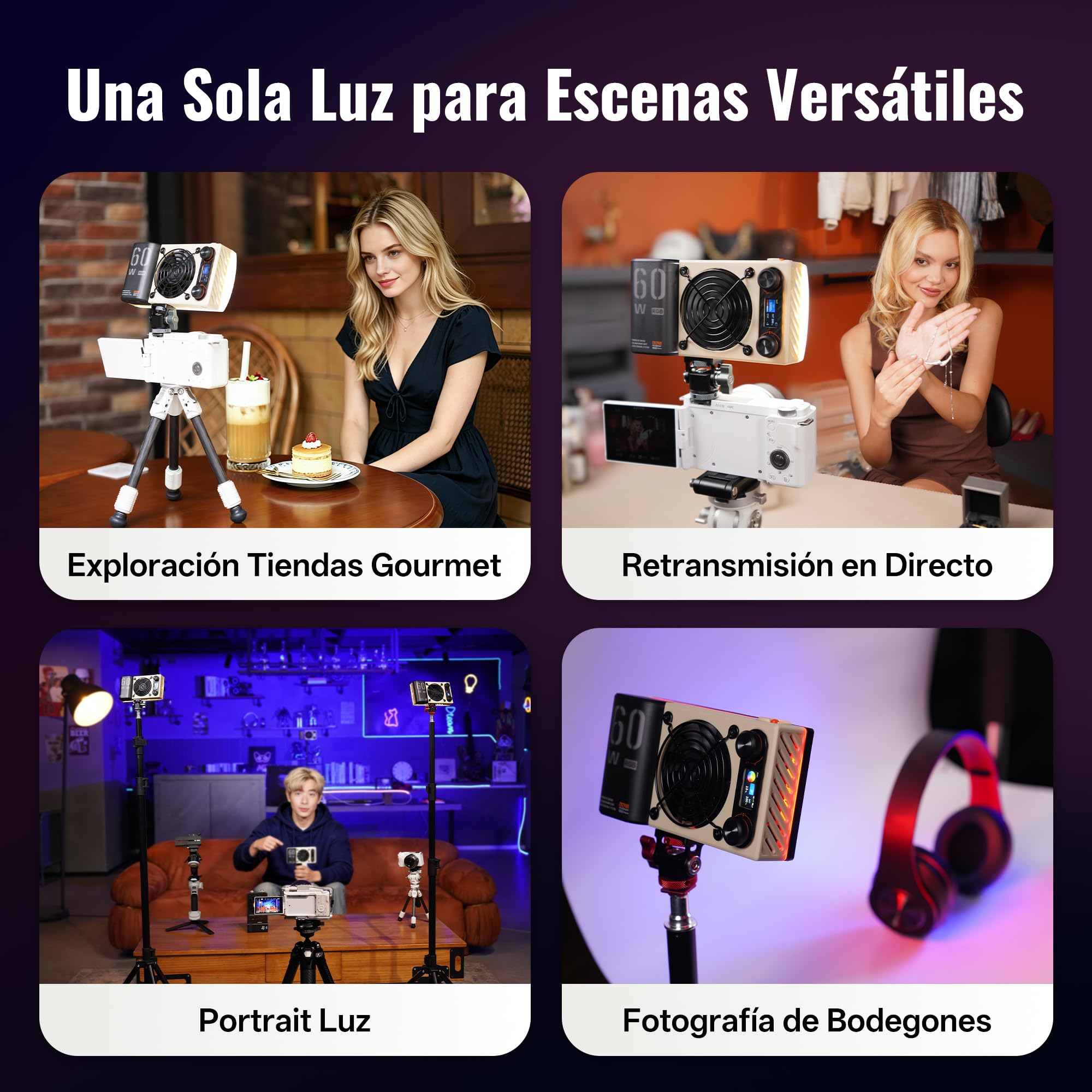 ZHIYUN FIVERAY M60 Ultra 60W RGB Luz de Video [Oficial] Luz Portátil para Cámara con Zapata Fría, Montaje Magnético, App Control &Amo-Esclavo, 2500K~10000K, Luz de Fotografía para Youtube Volg, 430g