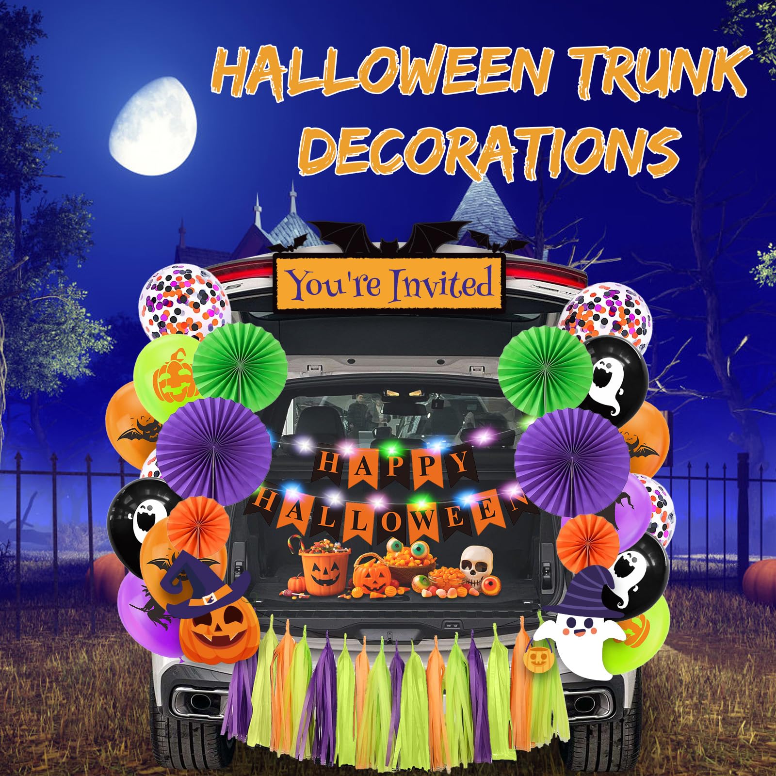 Zestaw dekoracji bagażnika lub smakołyków na Halloween, do samochodu, SUV-a, z banerem, wachlarzami papierowymi, balonami, frędzlami, dekoracja na Halloween, do drzwi garażowych, wejściowych