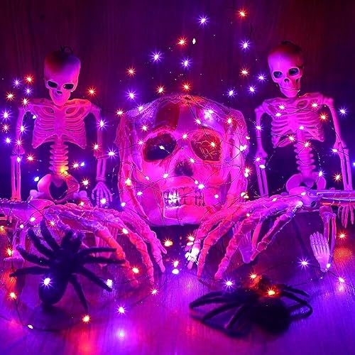 Miniatura 7 de Hiboom Paquete de 2 luces naranjas y moradas de Halloween, cada una de 16.4 pies, 50 luces LED de Halloween, 8 modos, funciona con pilas, guirnalda